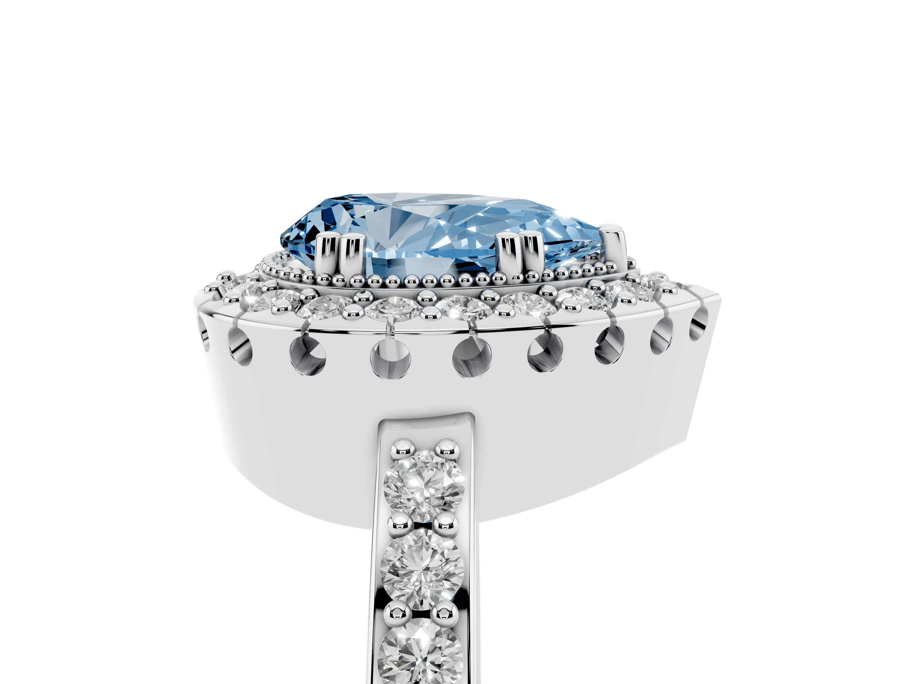 Fancy Blue Pear Cut Diamond Halo Ring Set in White gold with Pavé Shank and Prong Setting