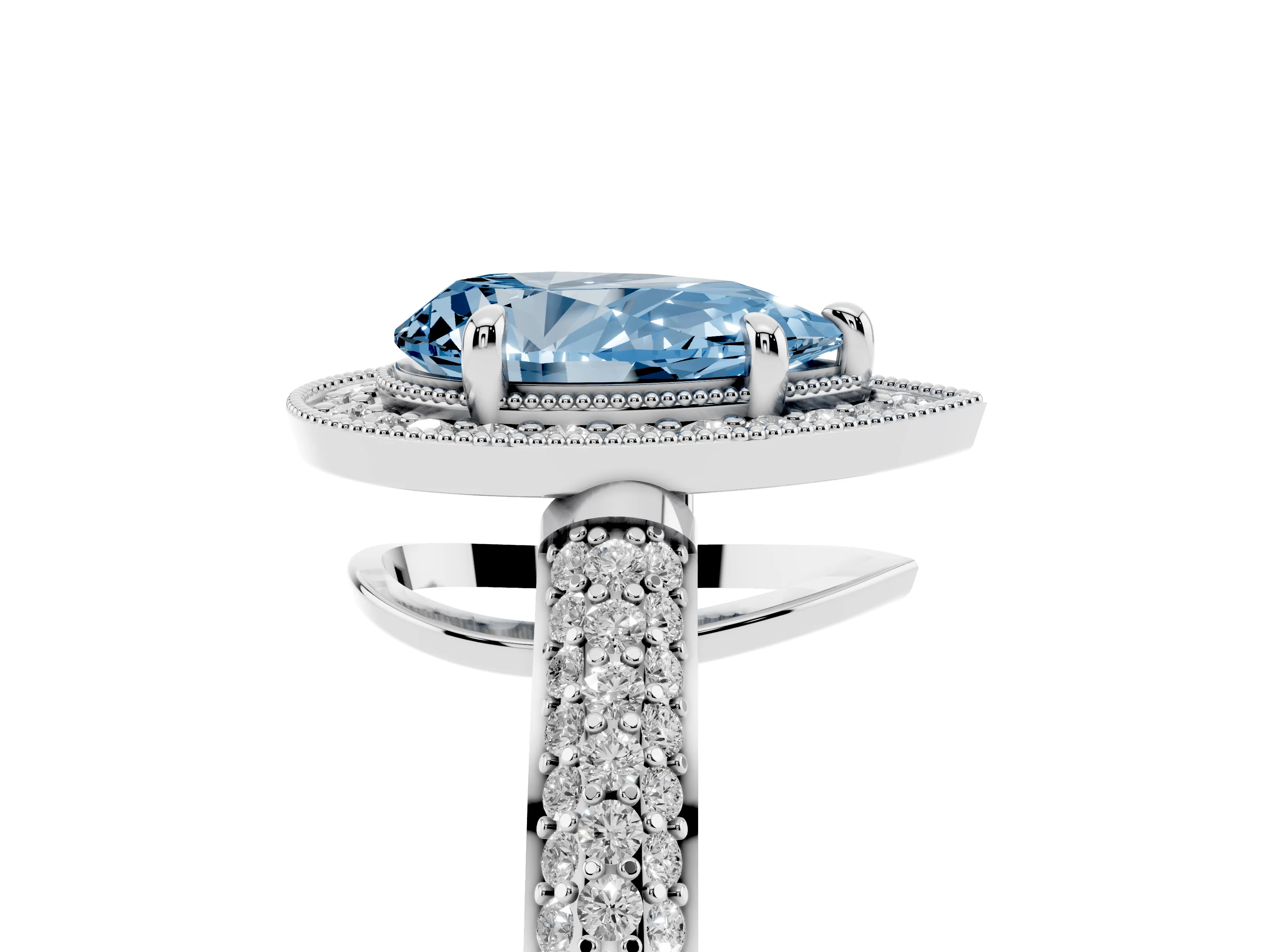 Fancy Blue Pear Cut Diamond Halo Pavé Band Set in White gold with Prong Setting