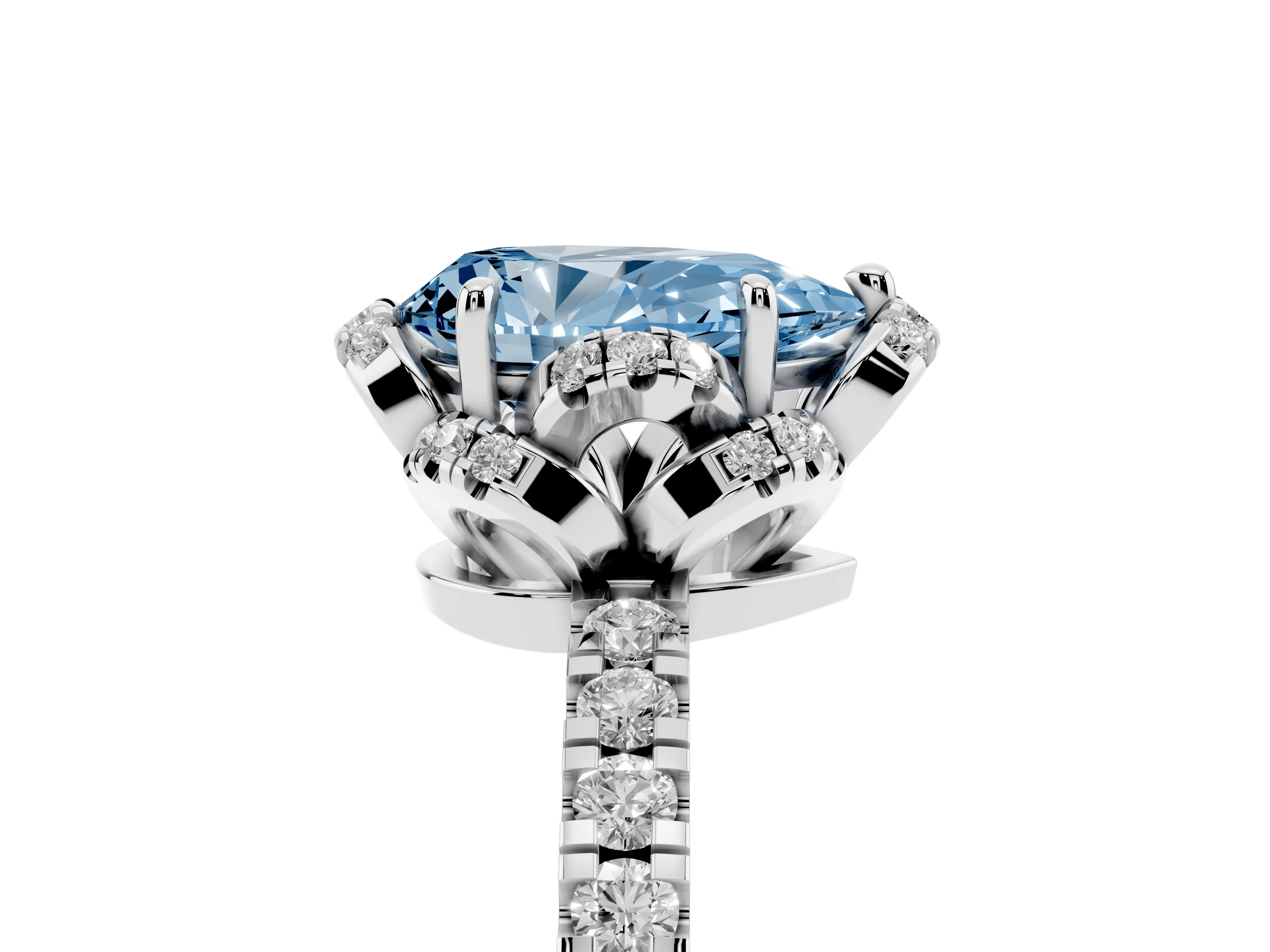 Fancy Blue Pear Cut Diamond Halo Pavé Band Ring Set in Silver with Prong-Held Center