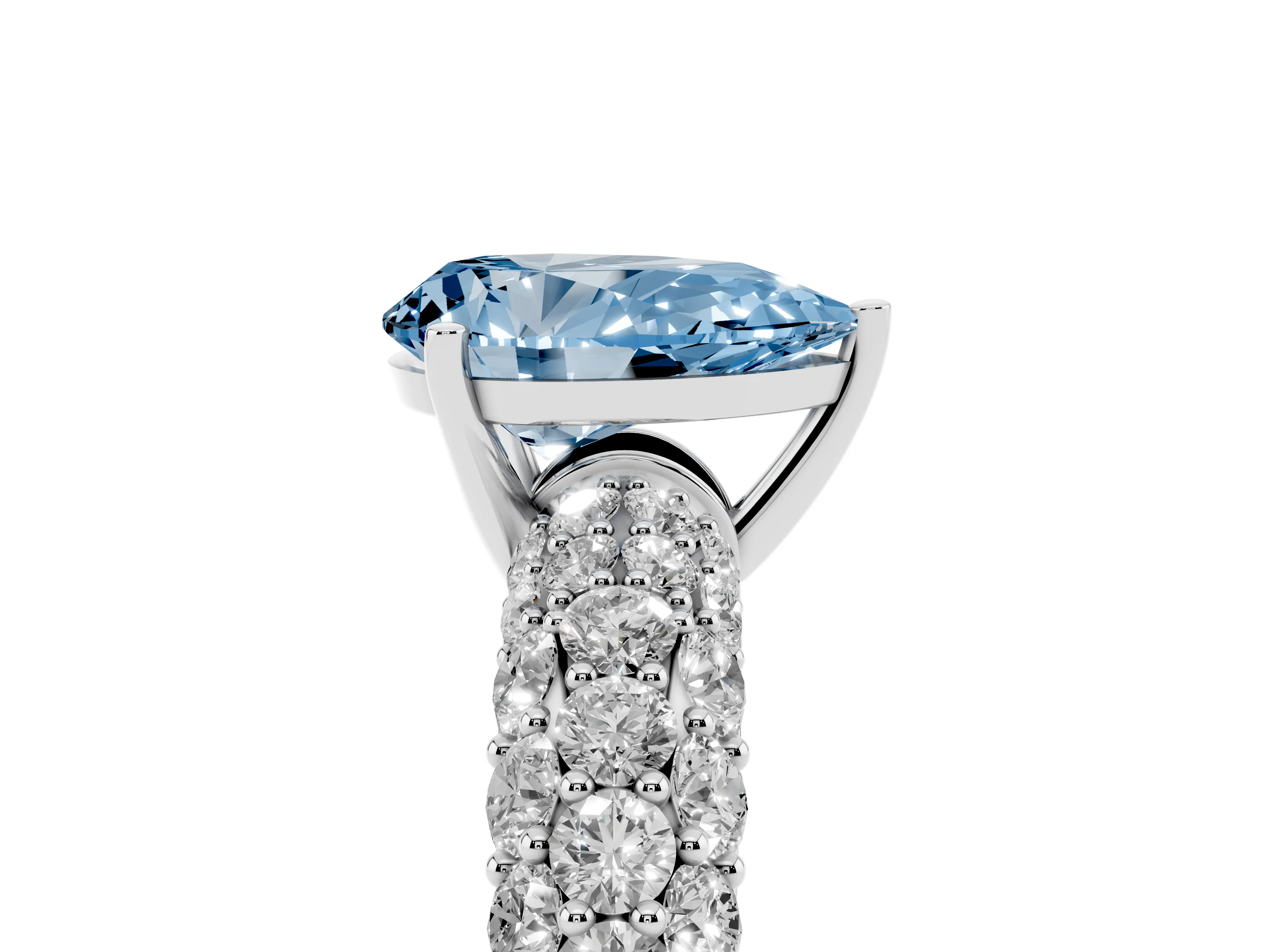 Fancy Blue Pear Cut Diamond Pavé Band Solitaire Ring Set in Silver with Close-Set Accent Stones and Prong Setting