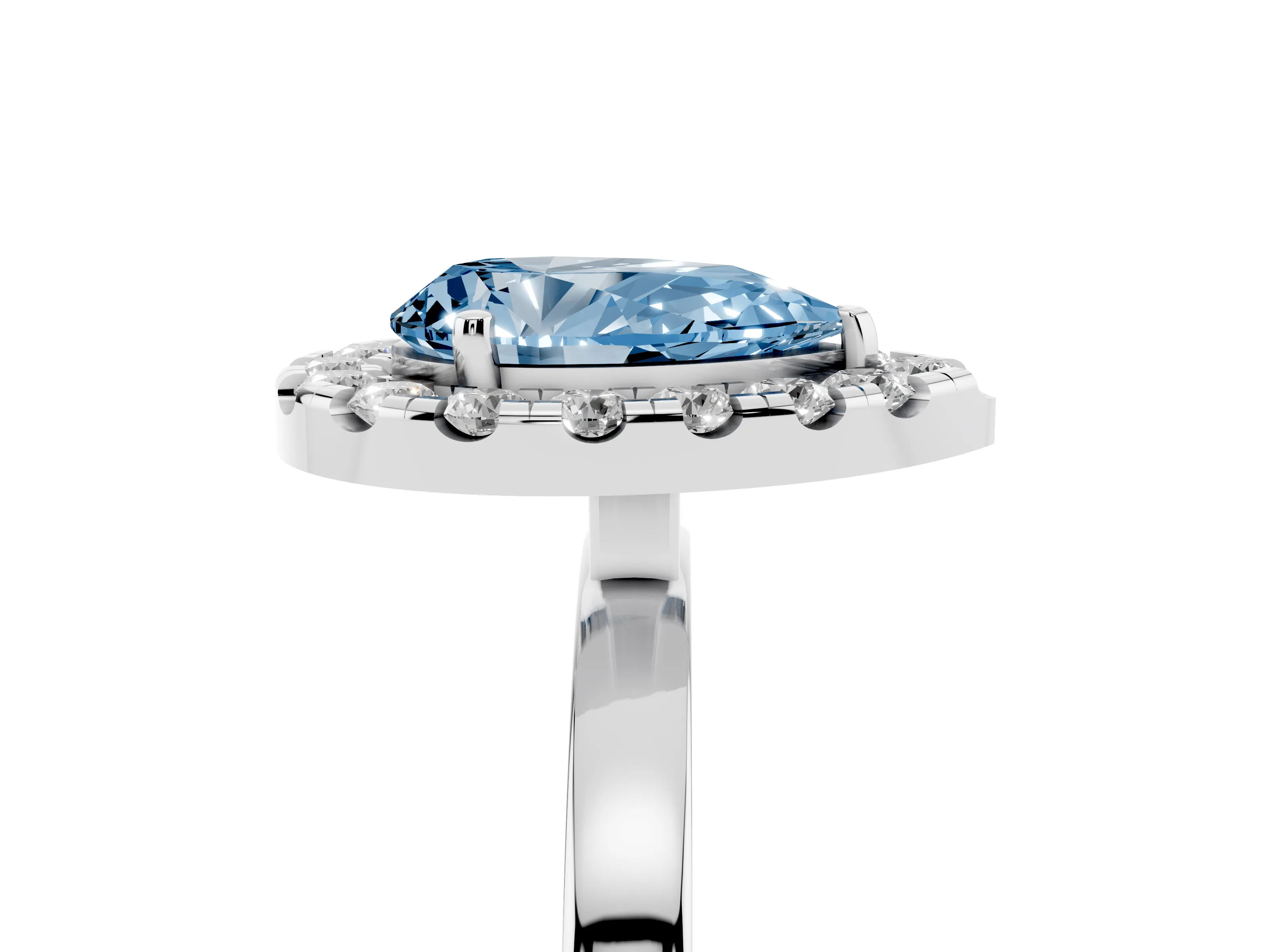 Fancy Blue Pear Cut Diamond Halo Solitaire Ring Set in White gold with Pavé Band and Prong Setting
