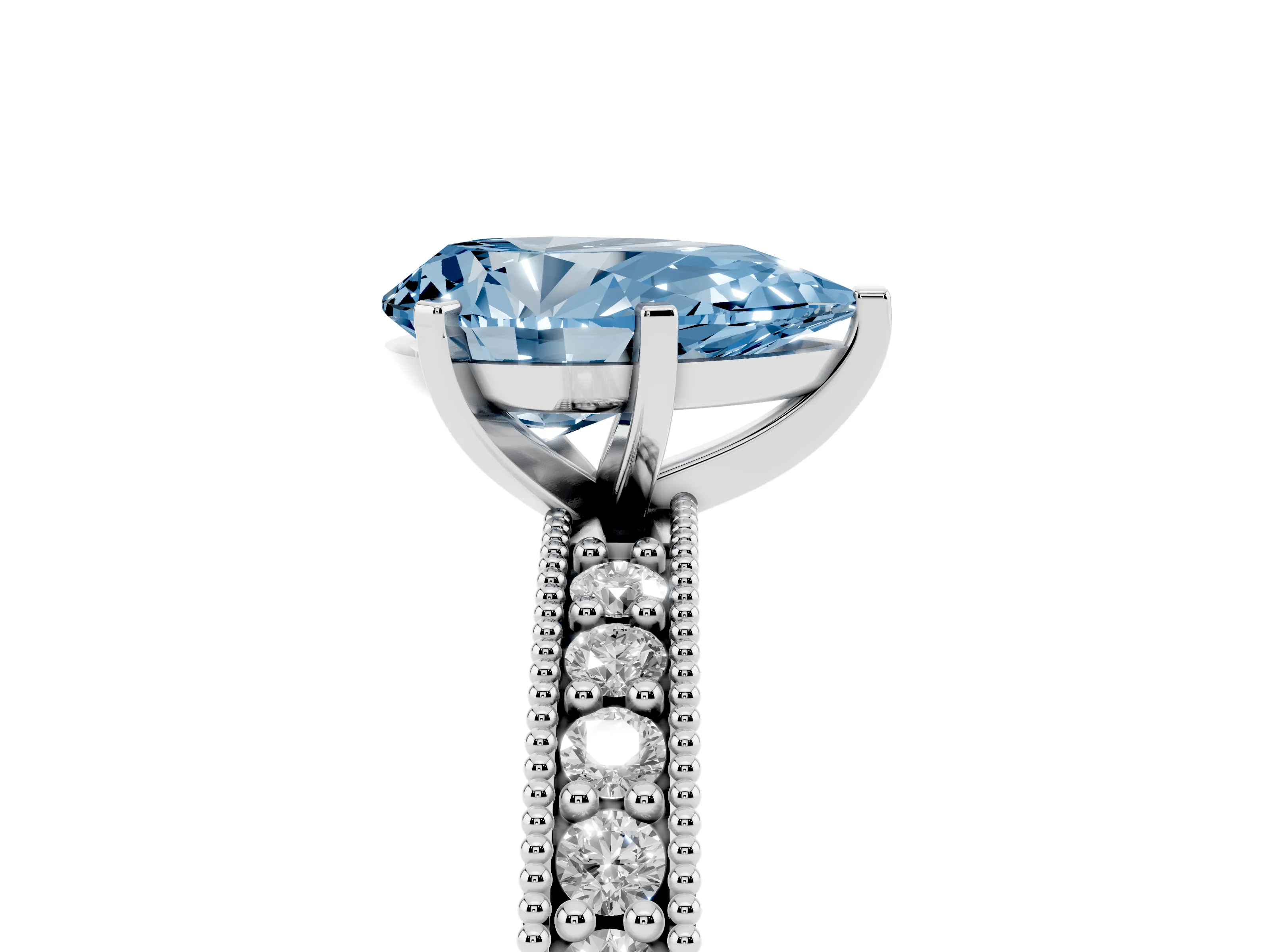 Fancy Blue Pear Cut Diamond Milgrain Pavé Engagement Ring Set in White gold with Prong Setting