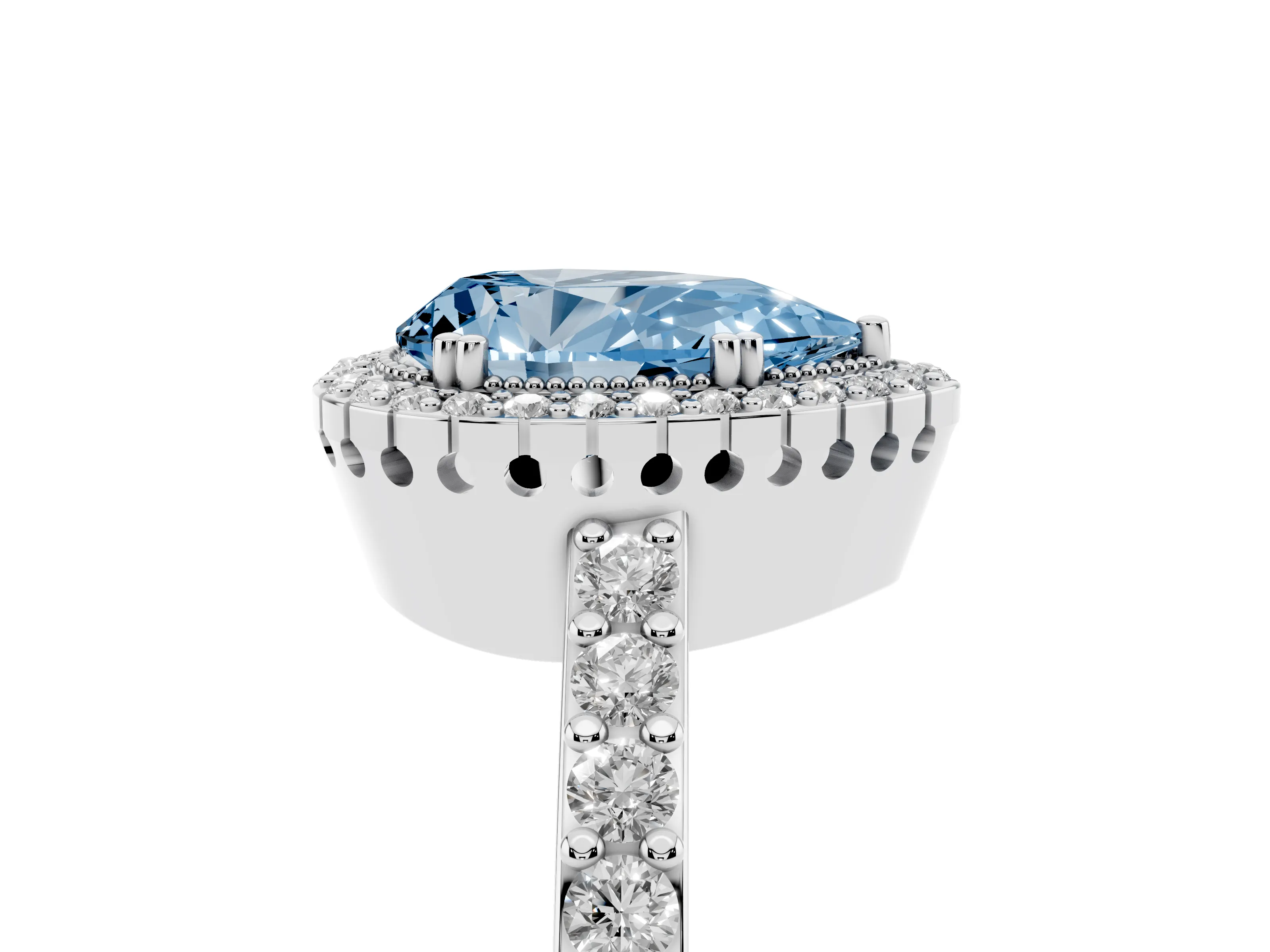 Fancy Blue Pear Cut Diamond Halo Engagement Ring Set in White gold with Milgrain Detail and Pavé Band