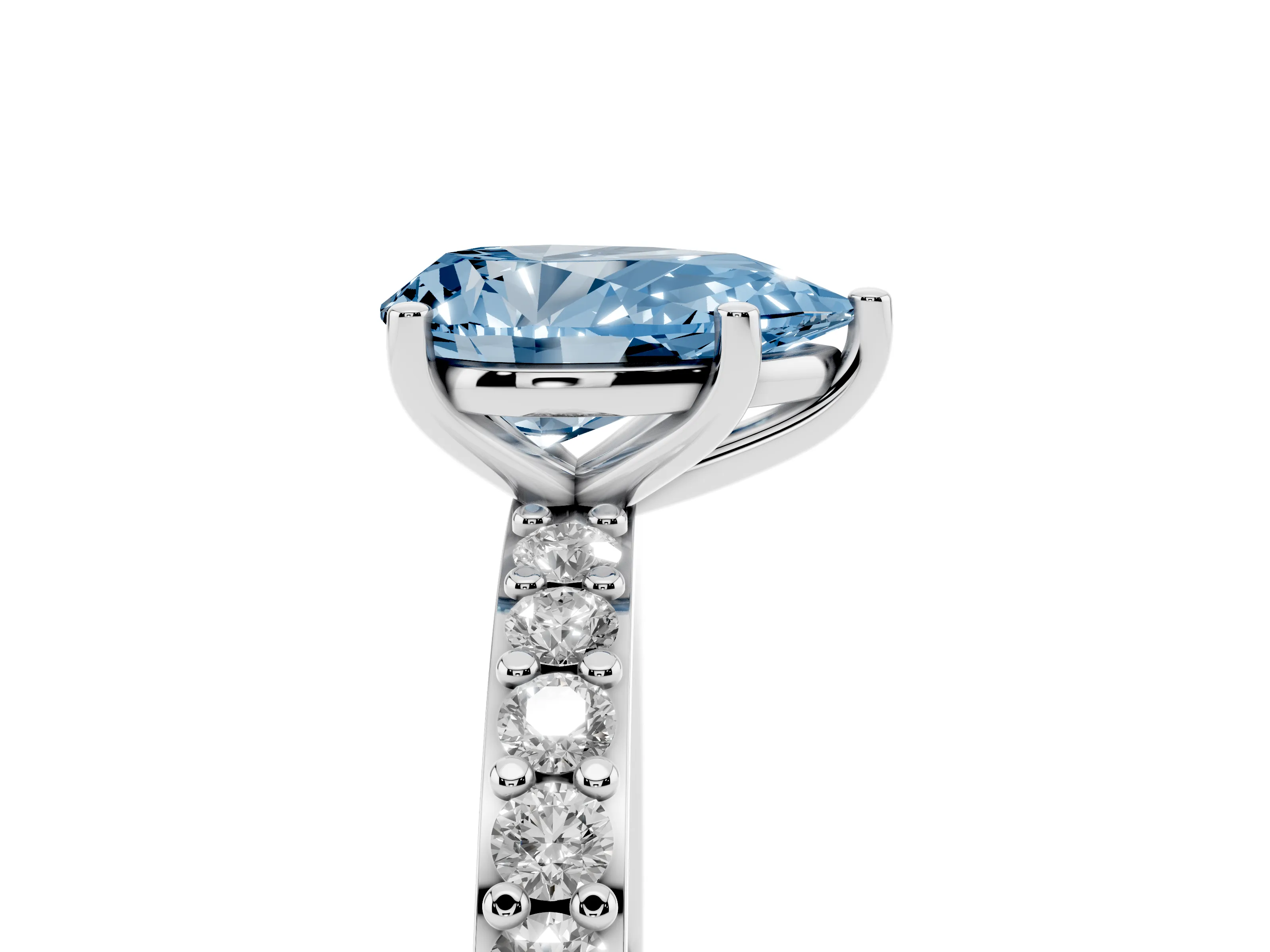 Fancy Blue Pear Cut Diamond Solitaire Set in White gold with Round Pavé Band and Prong Setting