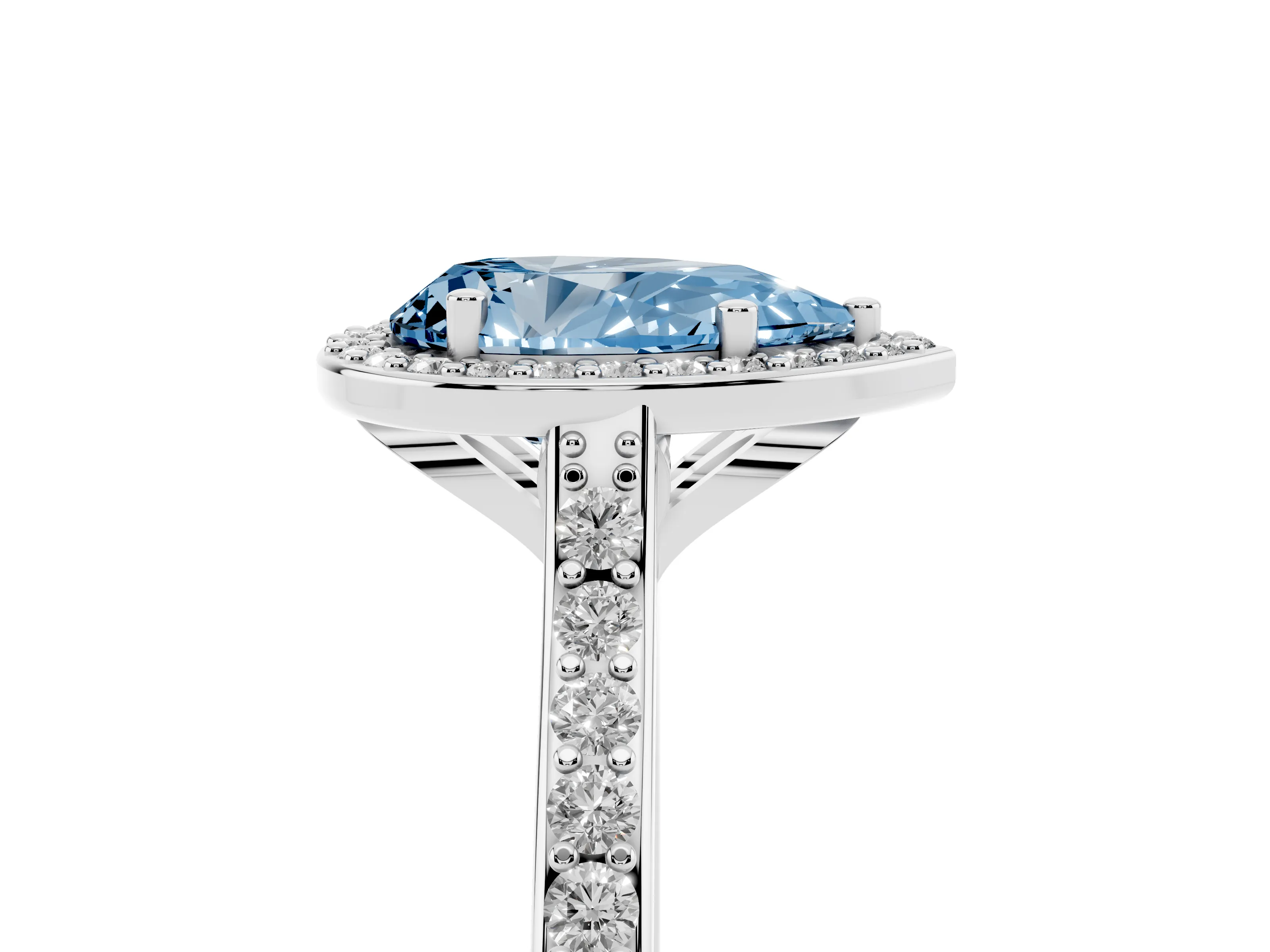 Fancy Blue Pear Cut Diamond Halo Engagement Ring Set in Platinum with Round Pavé Shoulders and Heart Gallery