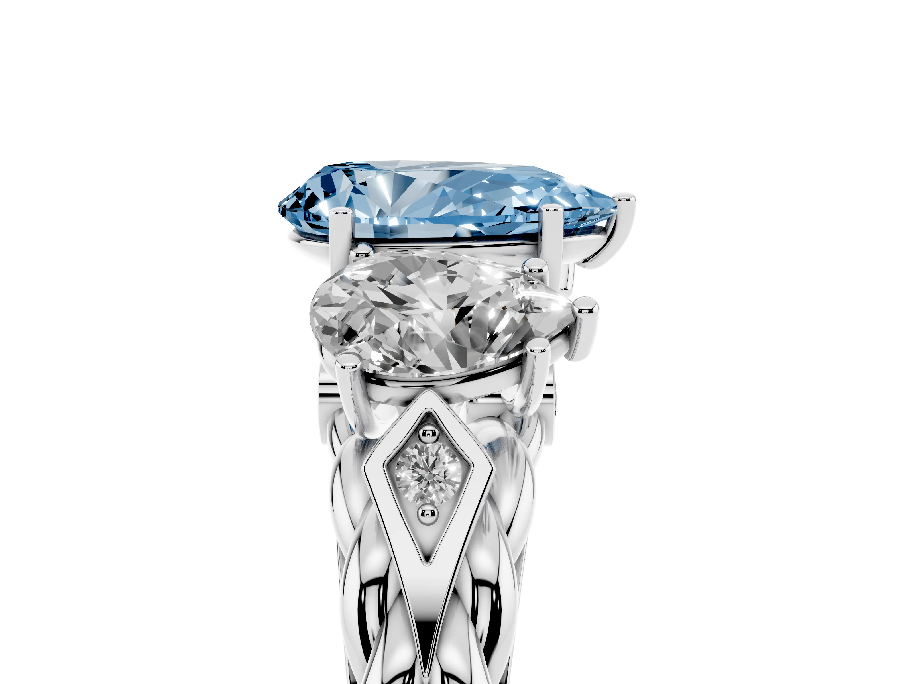 Fancy Blue Pear Cut Diamond Three-Stone Ring Set in Silver with Braided Band
