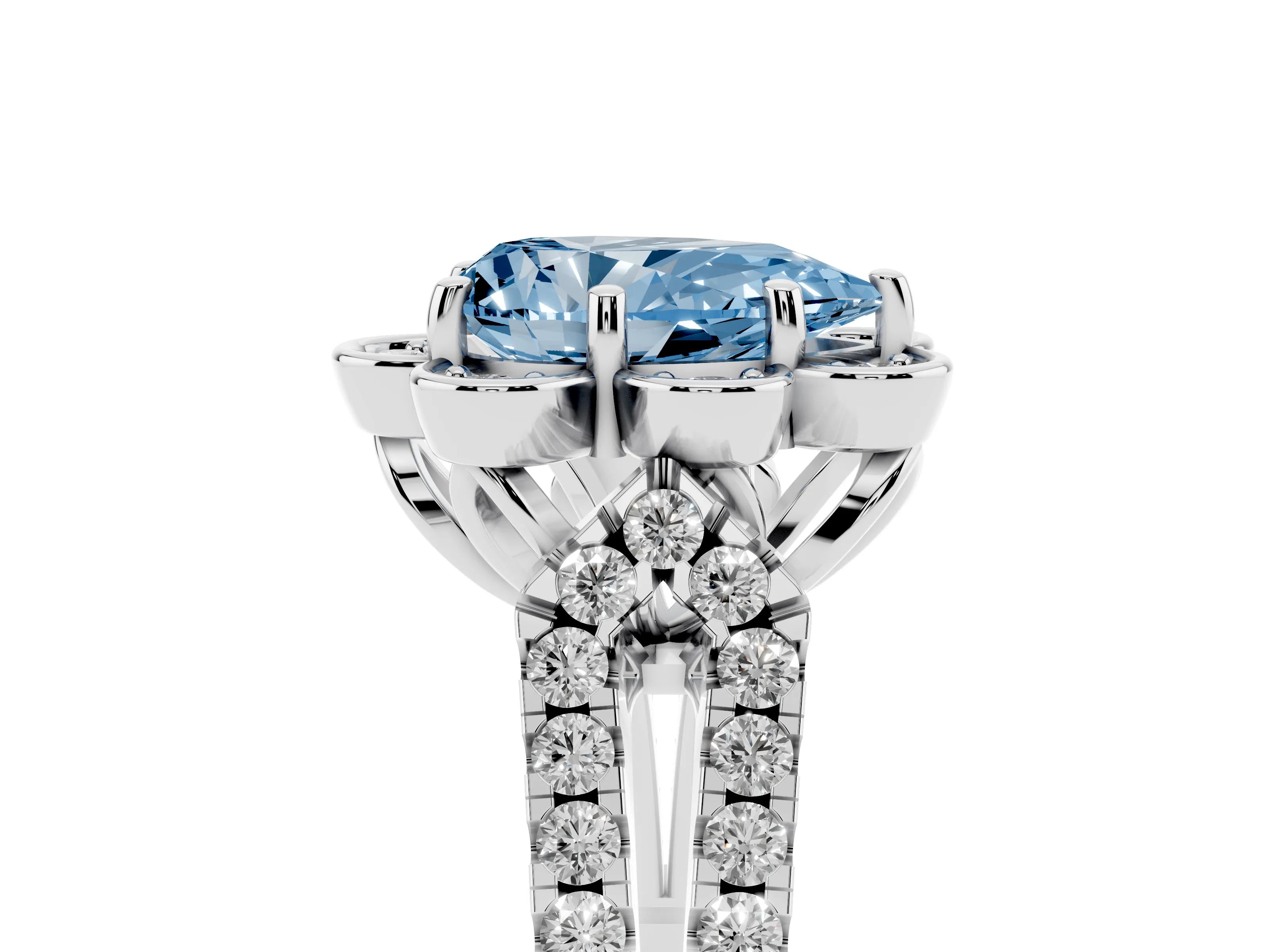 Fancy Blue Pear Cut Diamond Floral Halo Split Shank Engagement Ring Set in Platinum with Pavé Shank