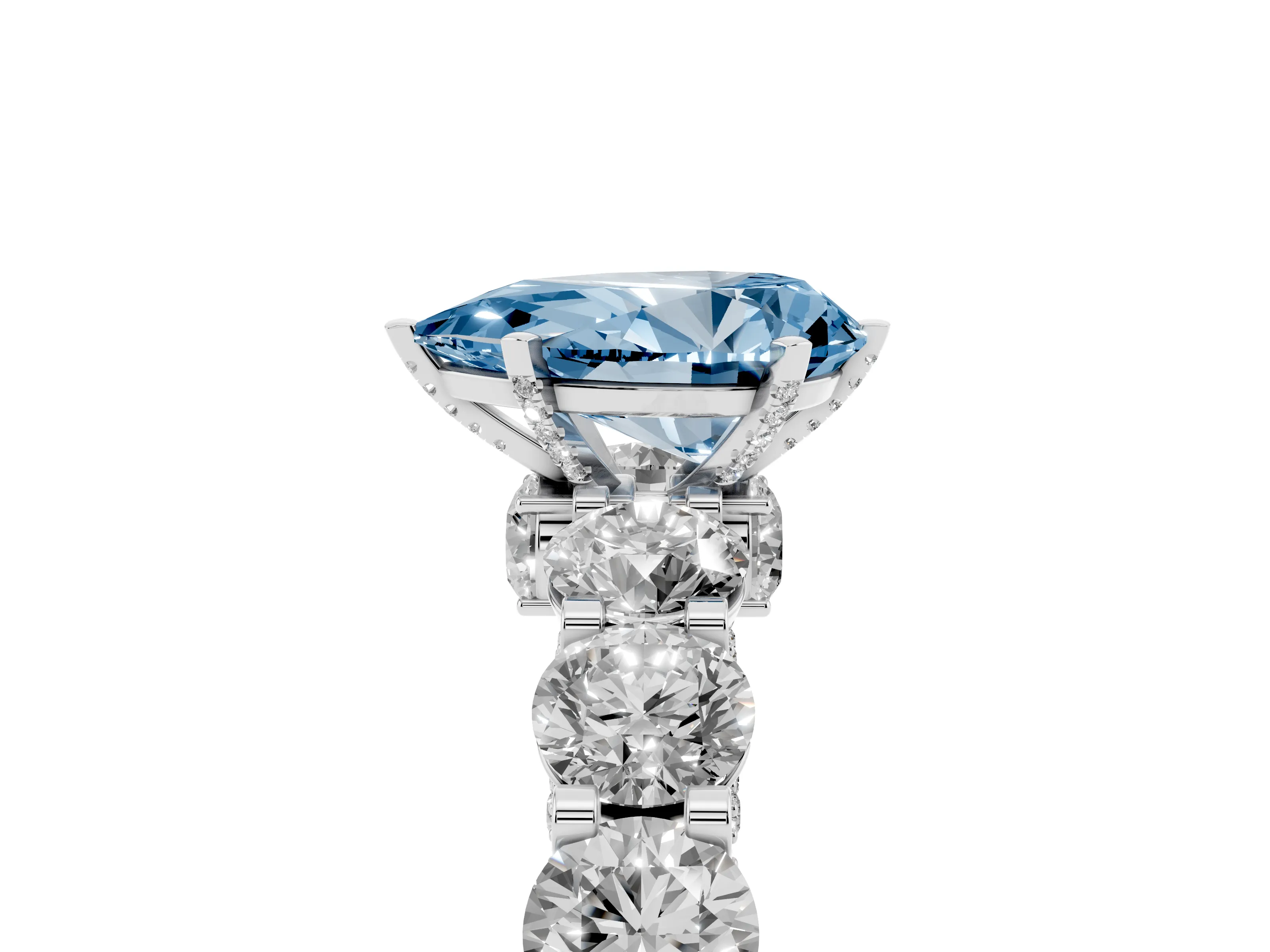 Fancy Blue Pear Cut Diamond Side Stone Ring Set in Platinum with Alternating Round and Oval Side Stones