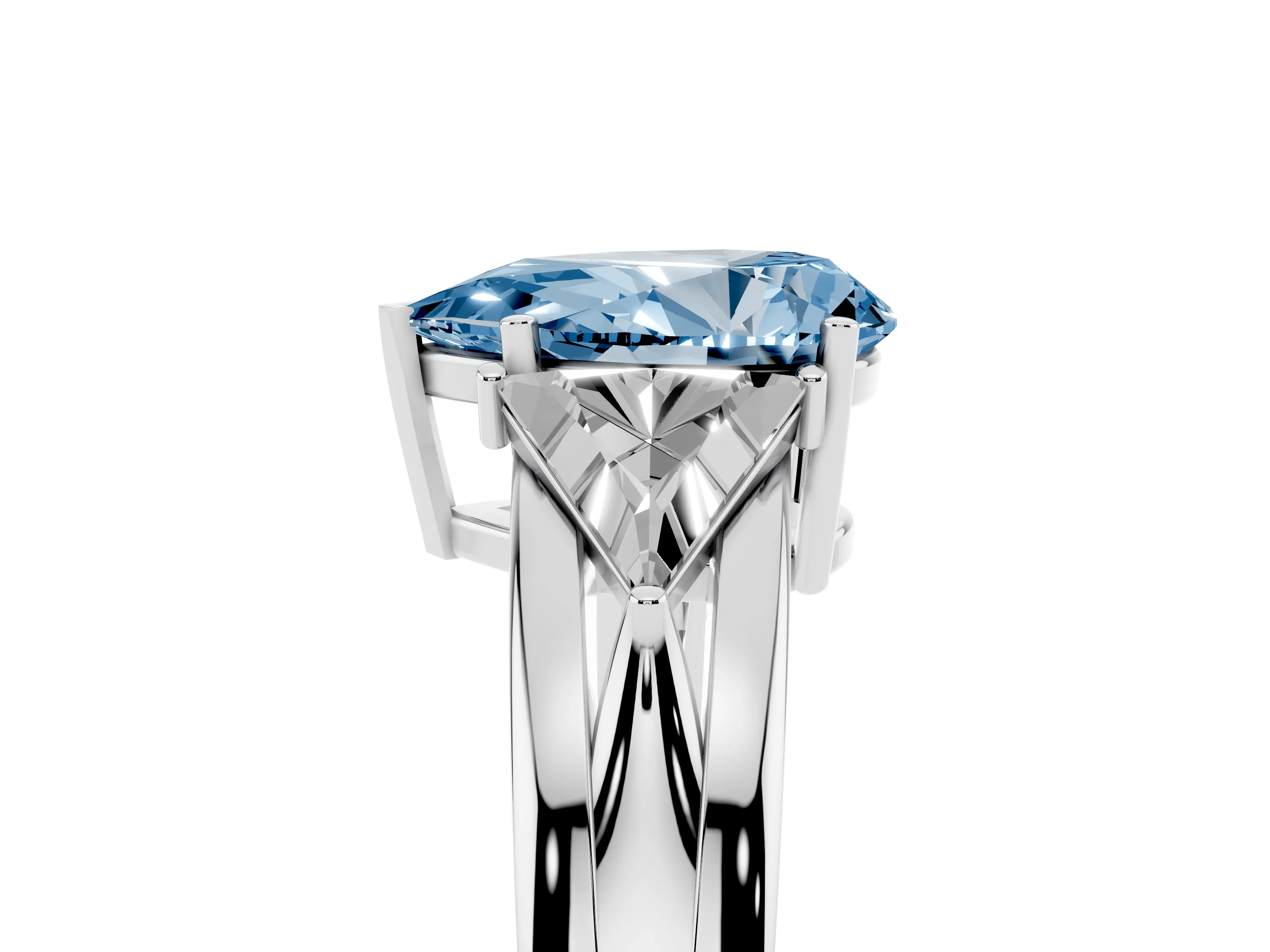 Fancy Blue Pear Cut Diamond Three-Stone Ring Set in Silver with Trillion Side Stones and Split Shank
