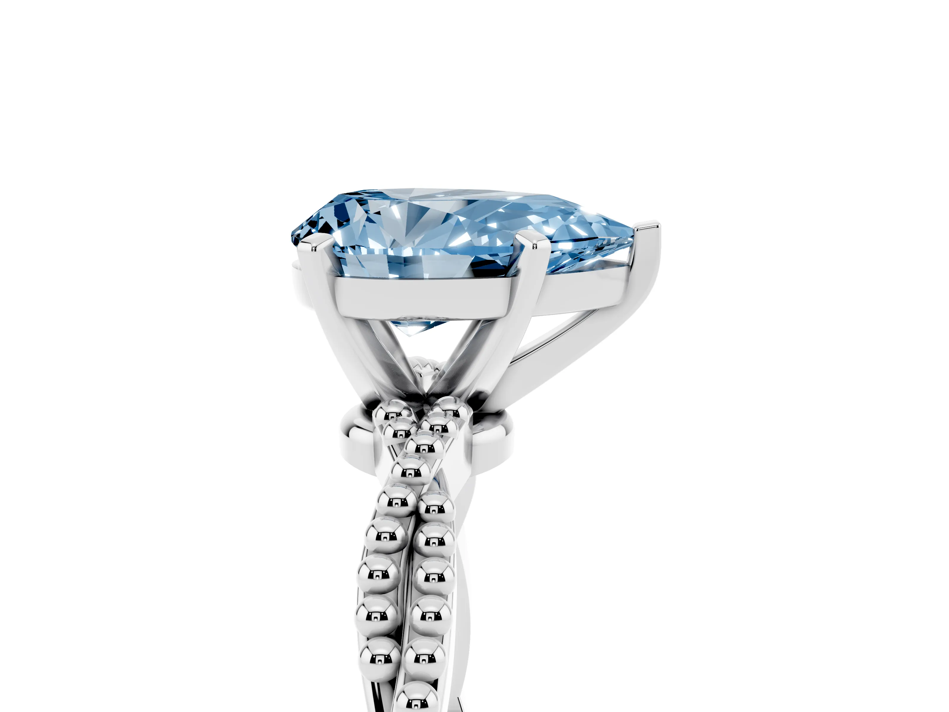 Fancy Blue Pear Cut Diamond Solitaire Ring Set in Platinum with Twisted Band and Bead Prong Setting