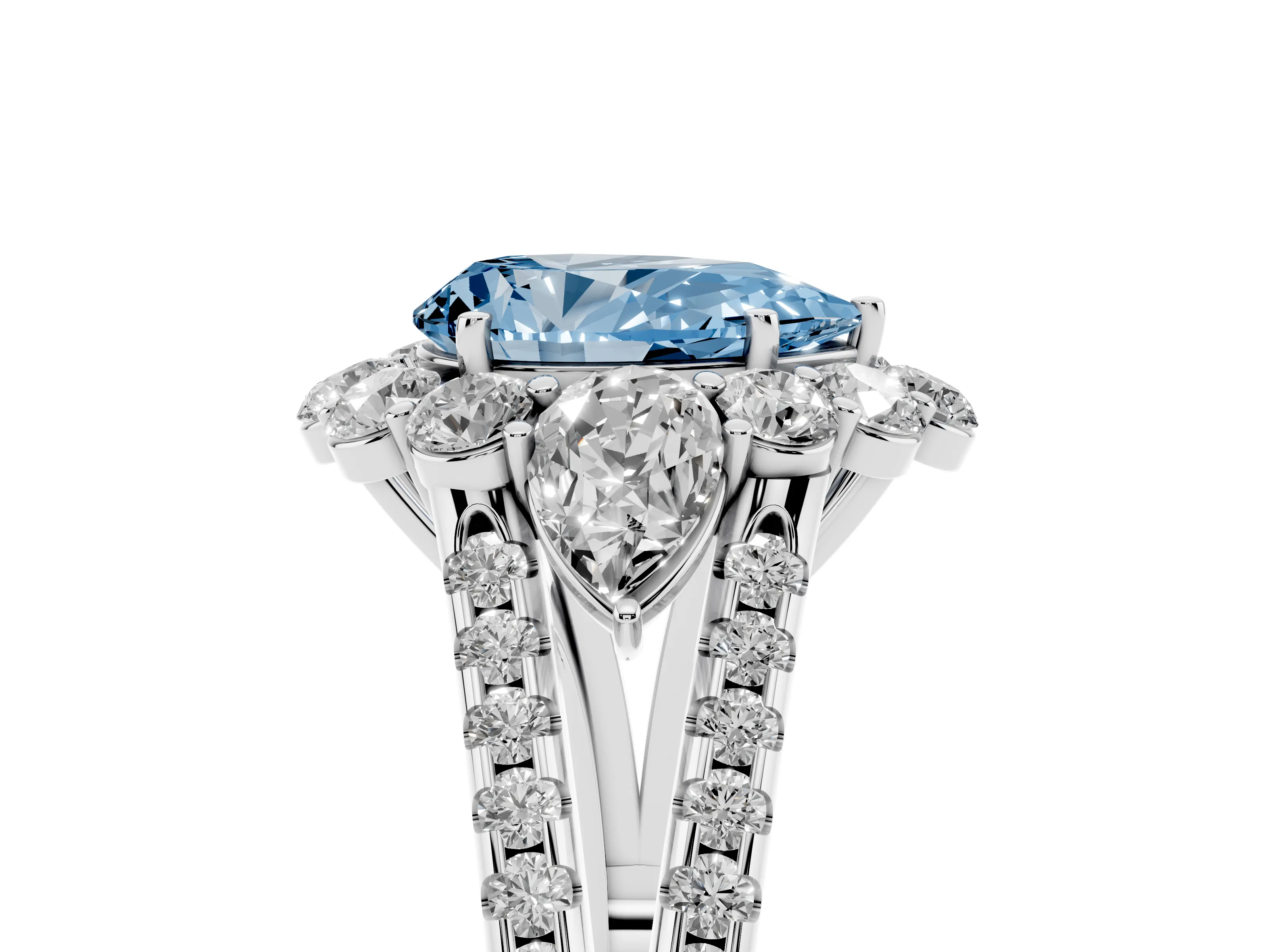 Fancy Blue Pear Cut Diamond Halo Split Shank Engagement Ring Set in Silver with Prong-Held Center Stone