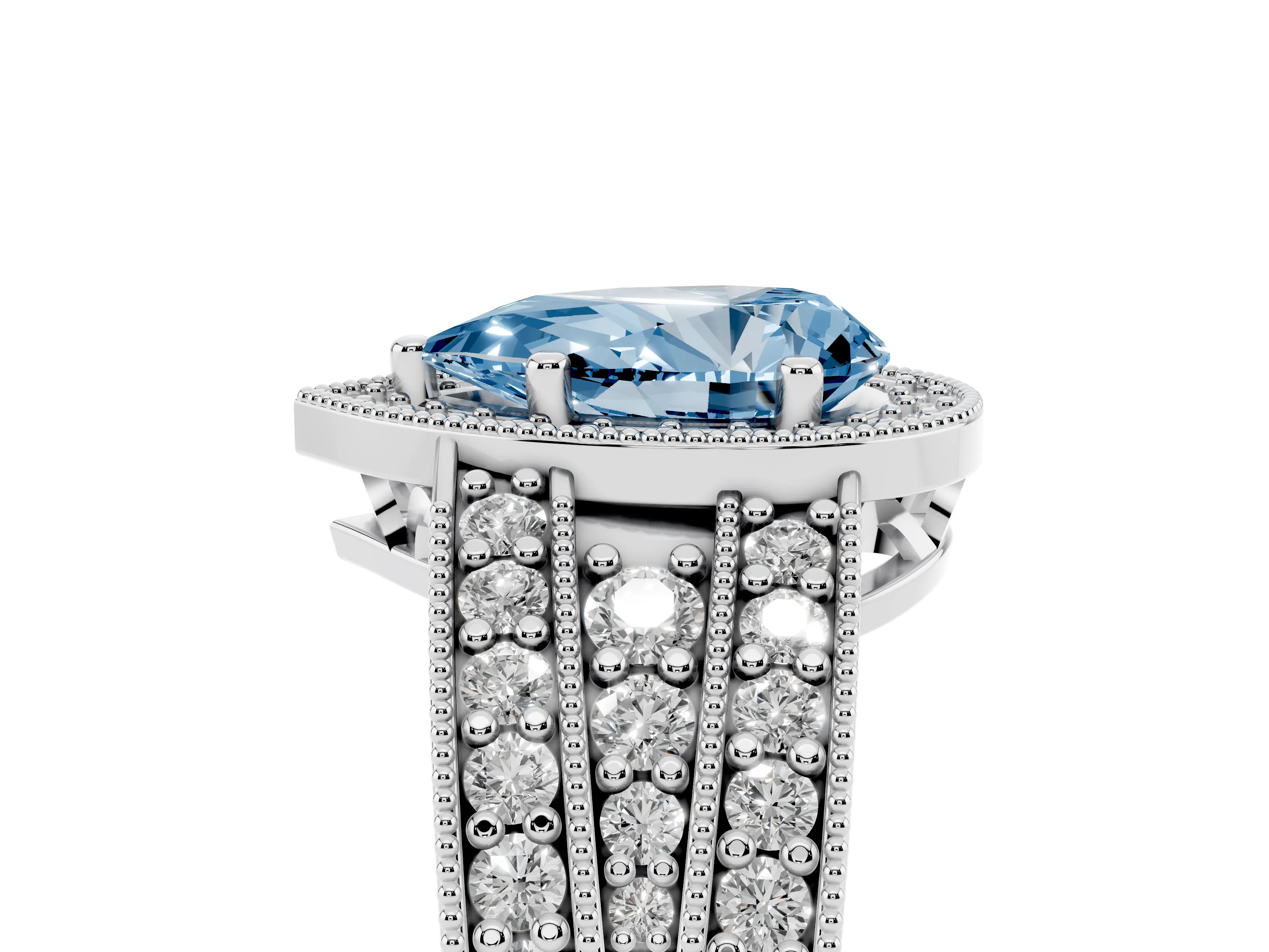 Fancy Blue Pear Cut Diamond Halo Ring Set in Platinum with Accent Split Shank and Prong Setting
