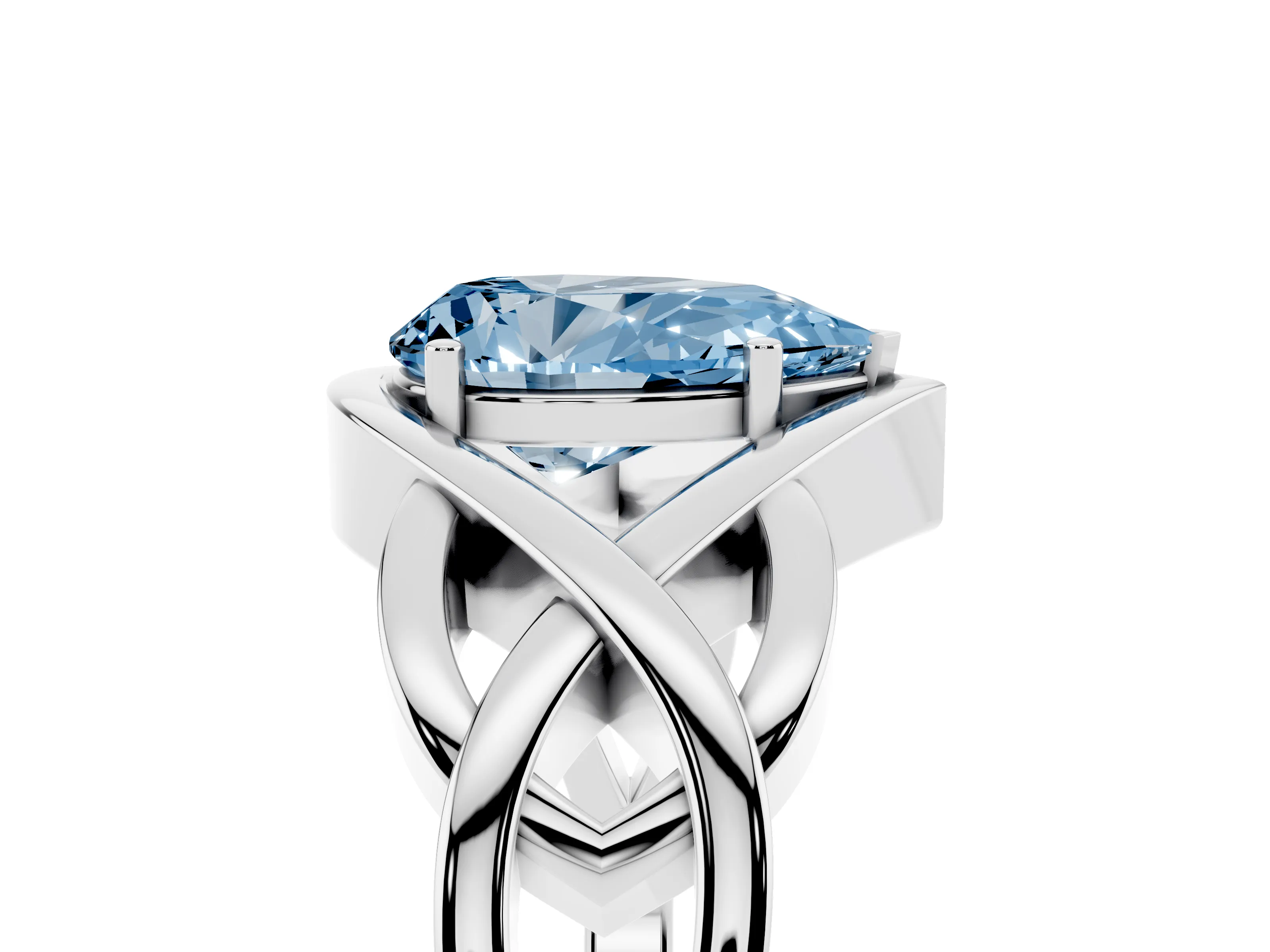 Fancy Blue Pear Cut Diamond Solitaire Ring Set in Platinum with Intertwined Band