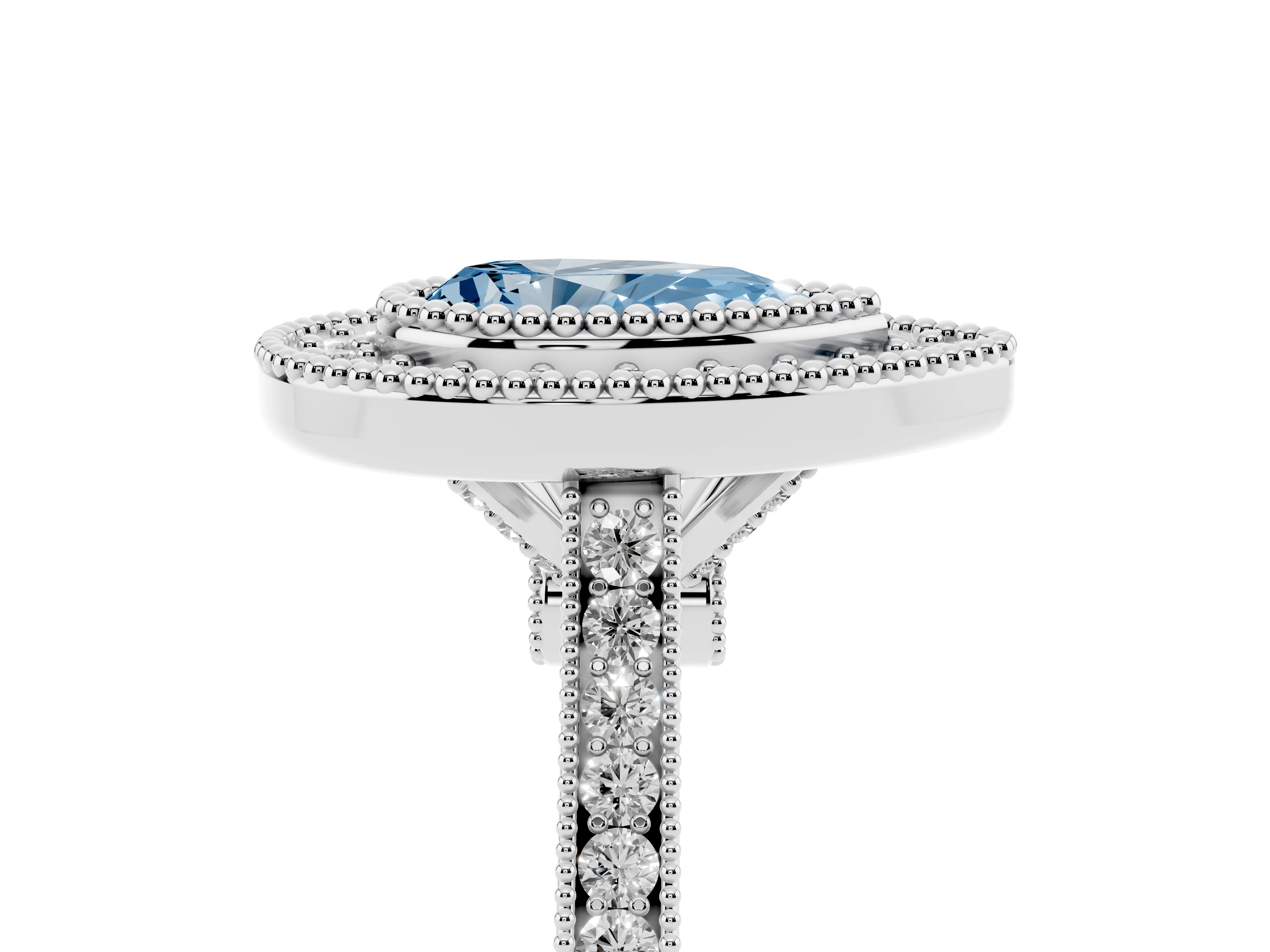 Fancy Blue Pear Cut Diamond Halo Ring Set in White gold with Milgrain Frame and Pavé Band