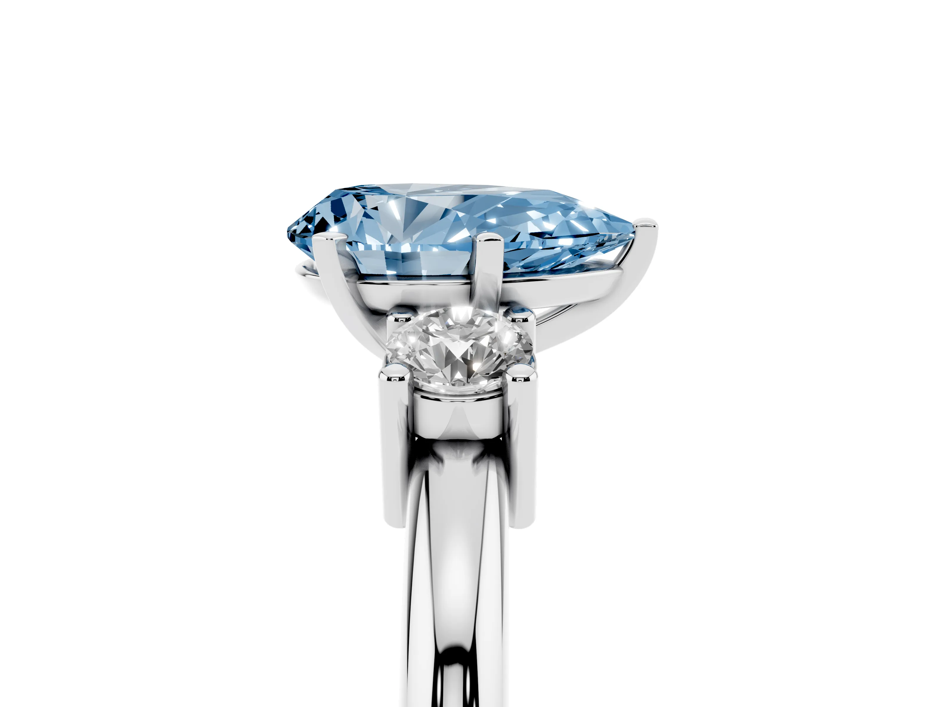 Fancy Blue Three-Stone Pear Cut Diamond Ring Set in Platinum with Prong Setting and Plain Band