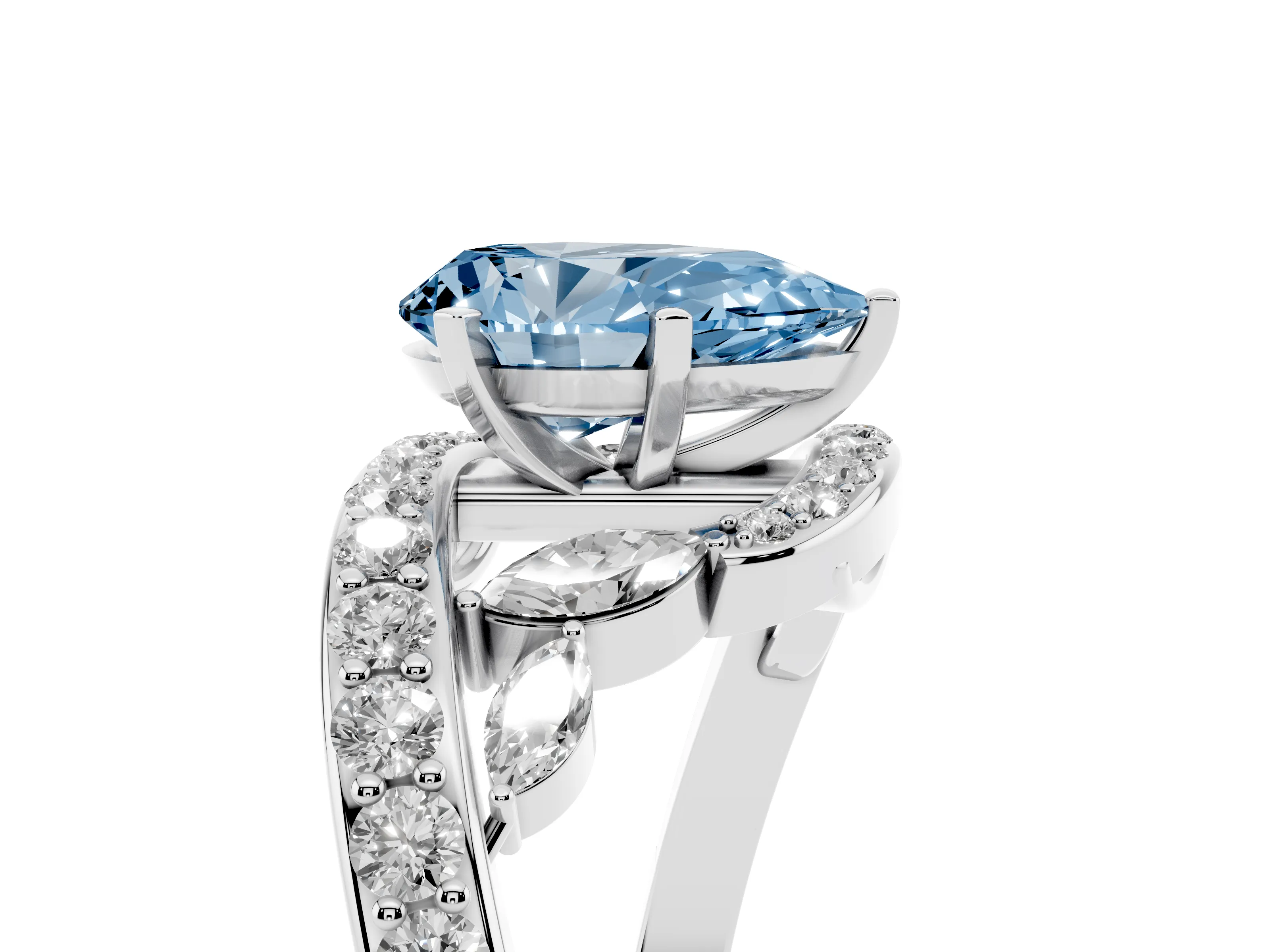 Fancy Blue Pear Cut Diamond Solitaire Ring Set in Platinum with Pavé Twist Band and Secure Prong Setting