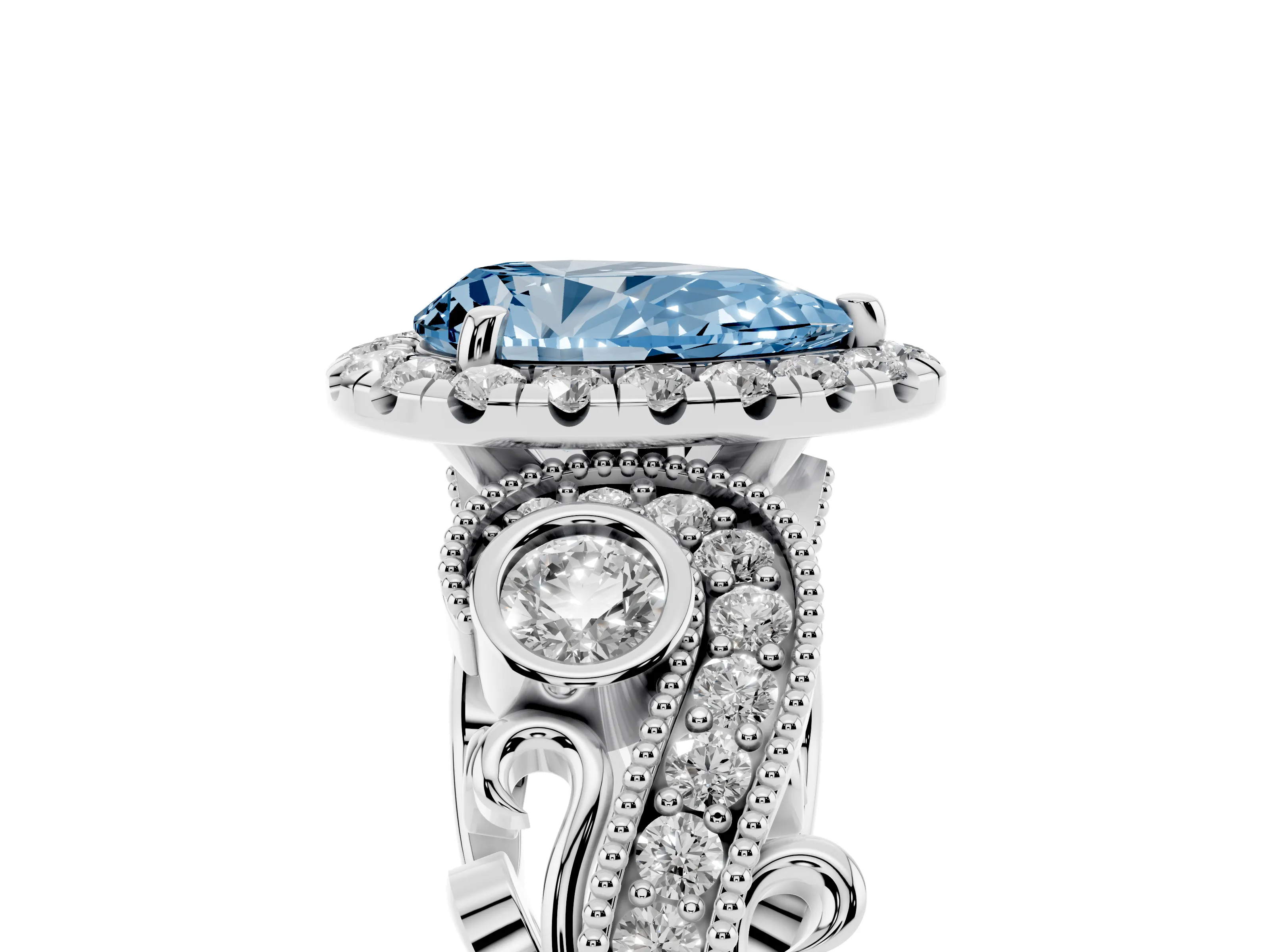 Fancy Blue Pear Cut Diamond Halo Ring Set in Silver with Milgrain Pavé Band and Prong Setting