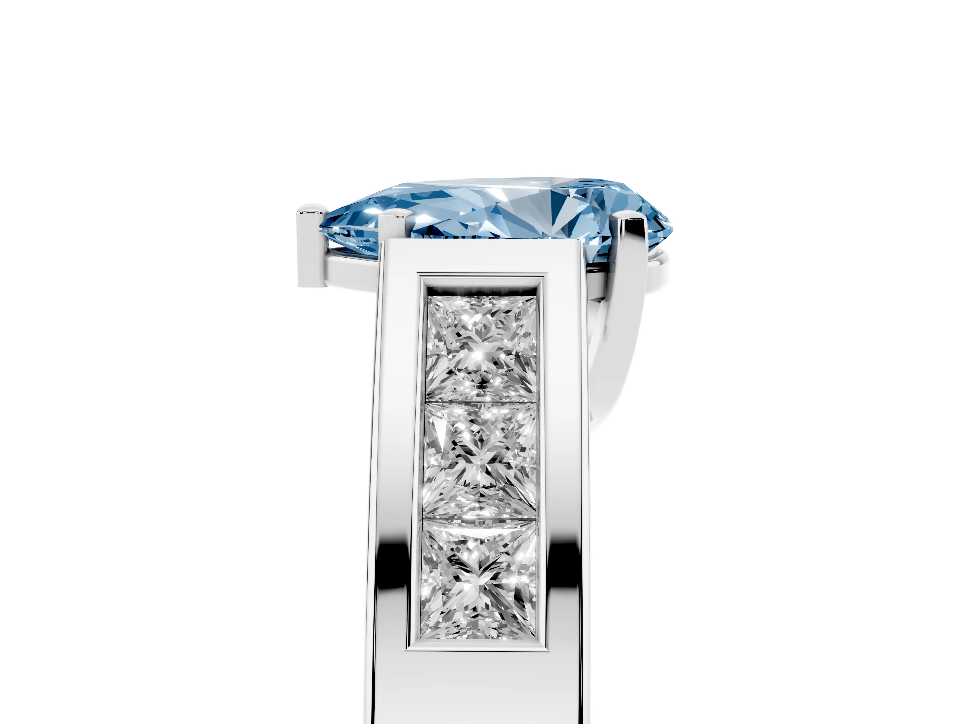 Fancy Blue Pear Cut Diamond Solitaire Ring Set in White gold with Channel-Set Accent Stones and Prong Setting