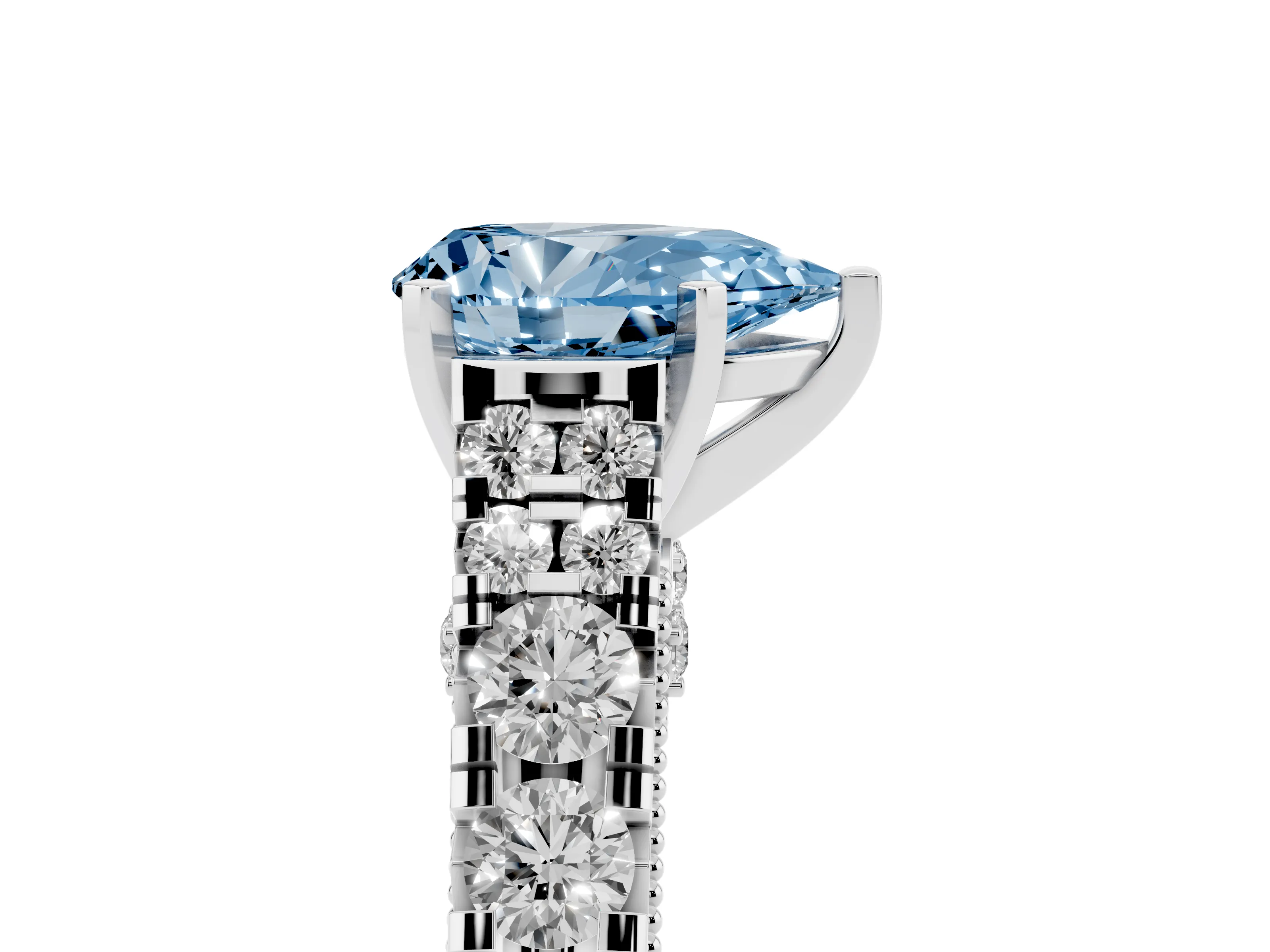 Fancy Blue Pear Cut Diamond Classic Solitaire Ring Set in Platinum with Pavé Band and Prong Setting