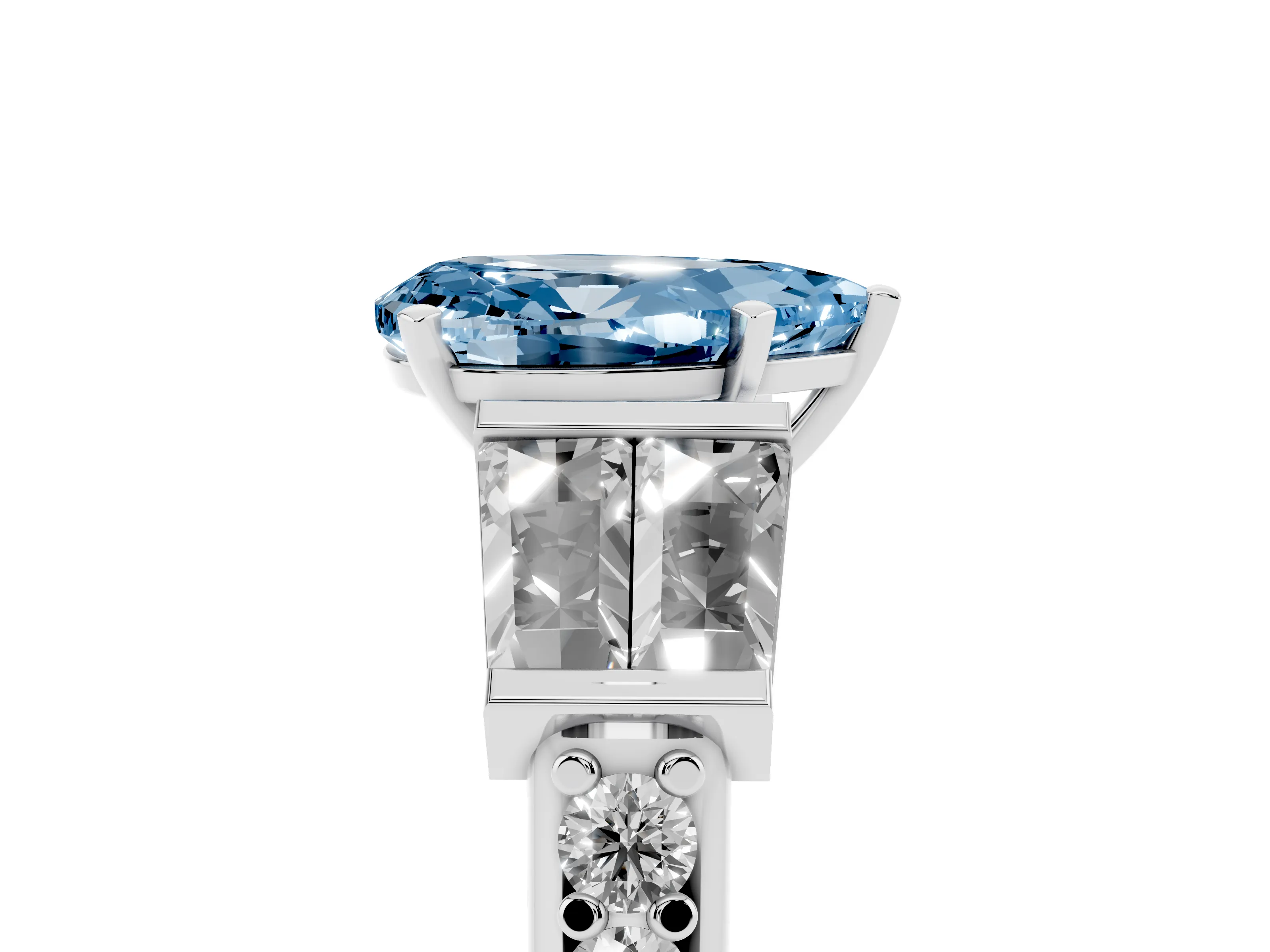 Fancy Blue Pear Cut Diamond Engagement Ring Set in White gold with Baguette Side Stones and Channel Set Band