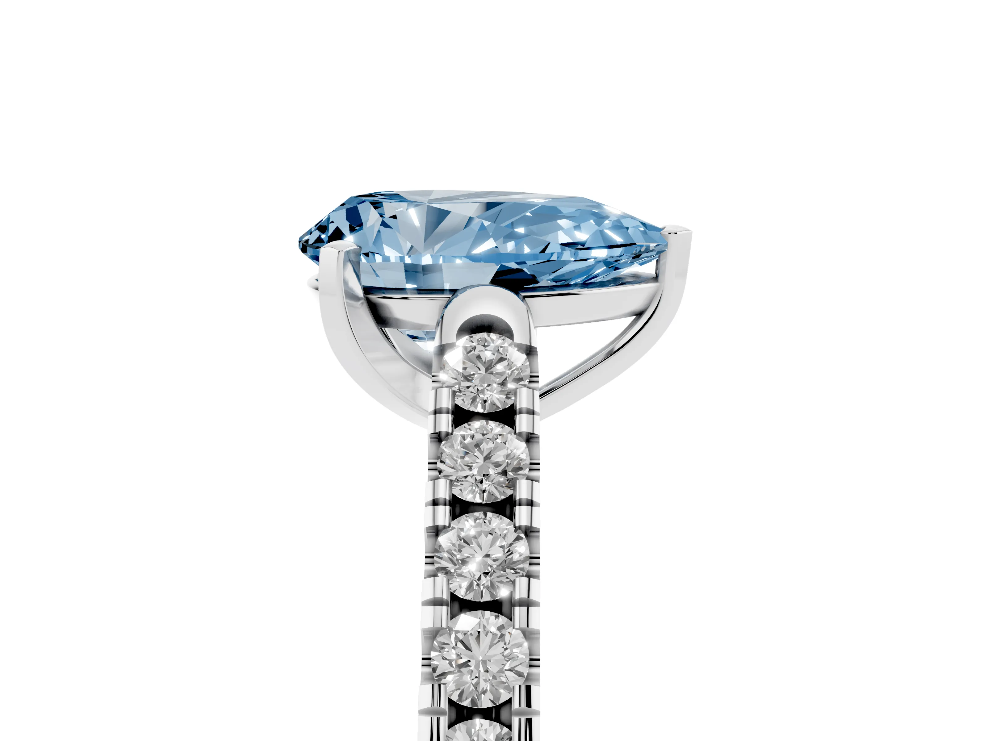 Fancy Blue Pear Cut Diamond Pavé Band Solitaire Ring Set in White gold with Partway Accent Stones and Prong Setting