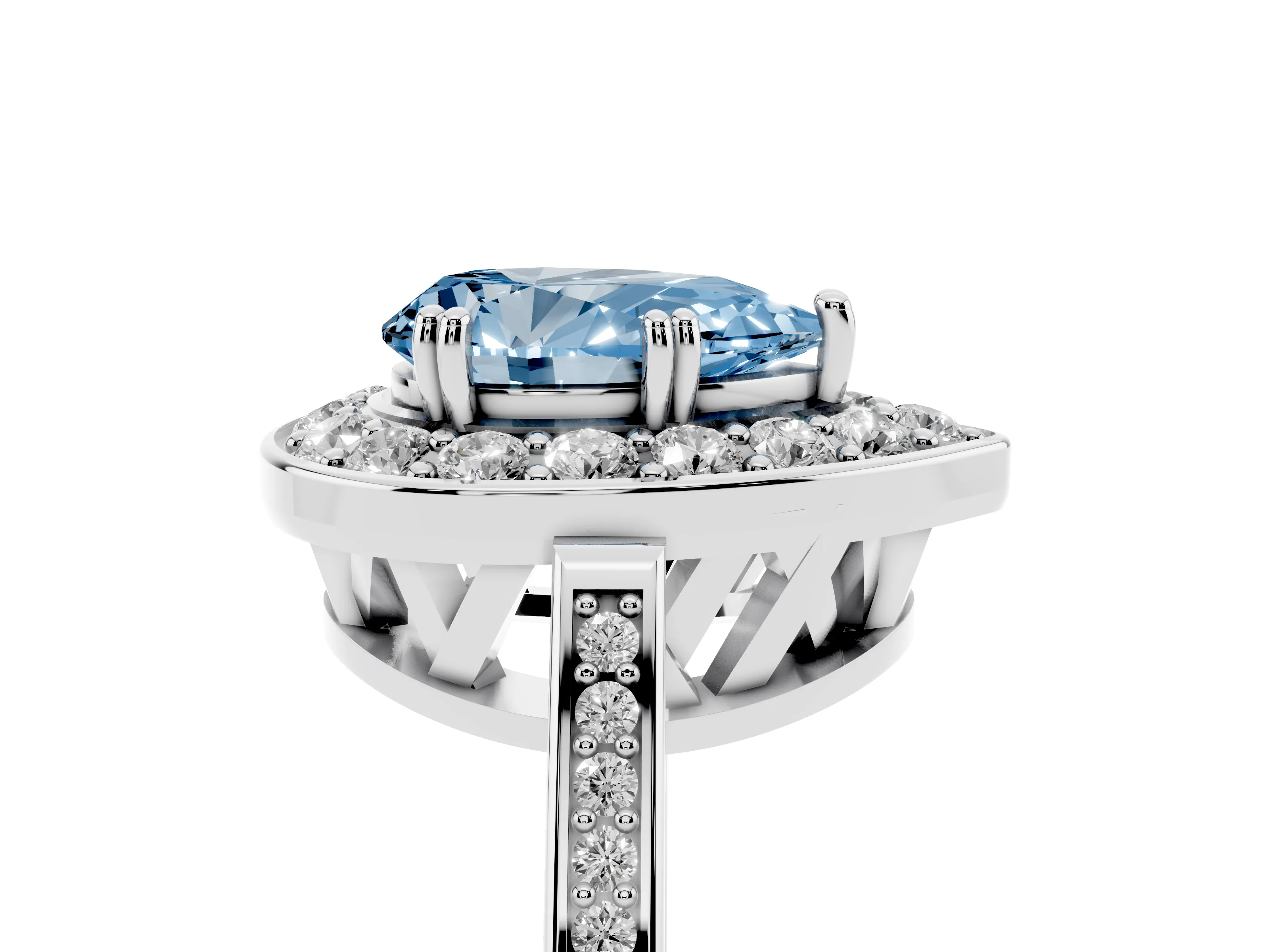 Fancy Blue Pear Cut Diamond Halo Ring Set in Silver with Accent-Lined Split Shank and Prong Setting