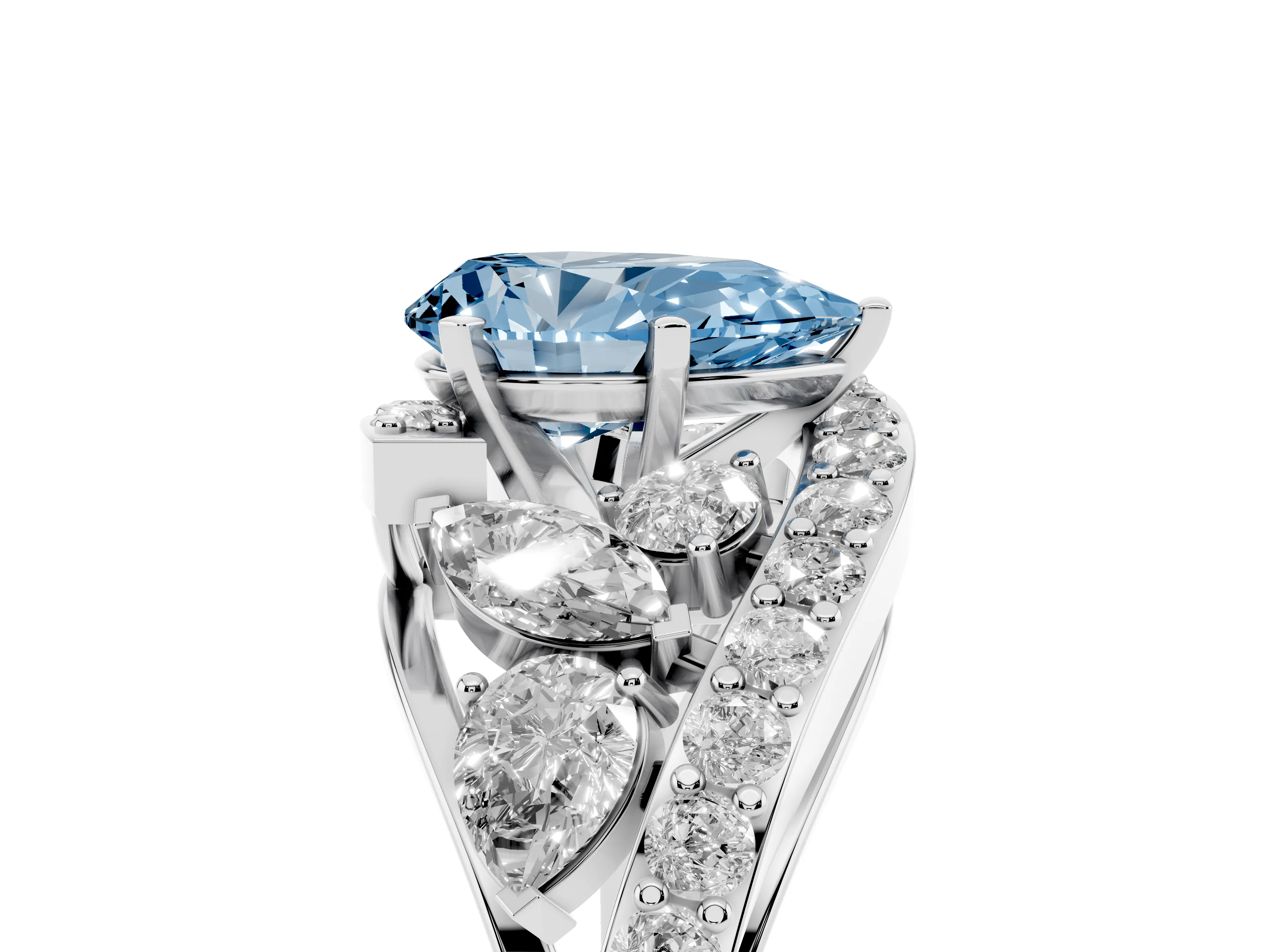Fancy Blue Pear Cut Diamond Halo Ring Set in Platinum with Marquise and Pavé Band in Prong Setting