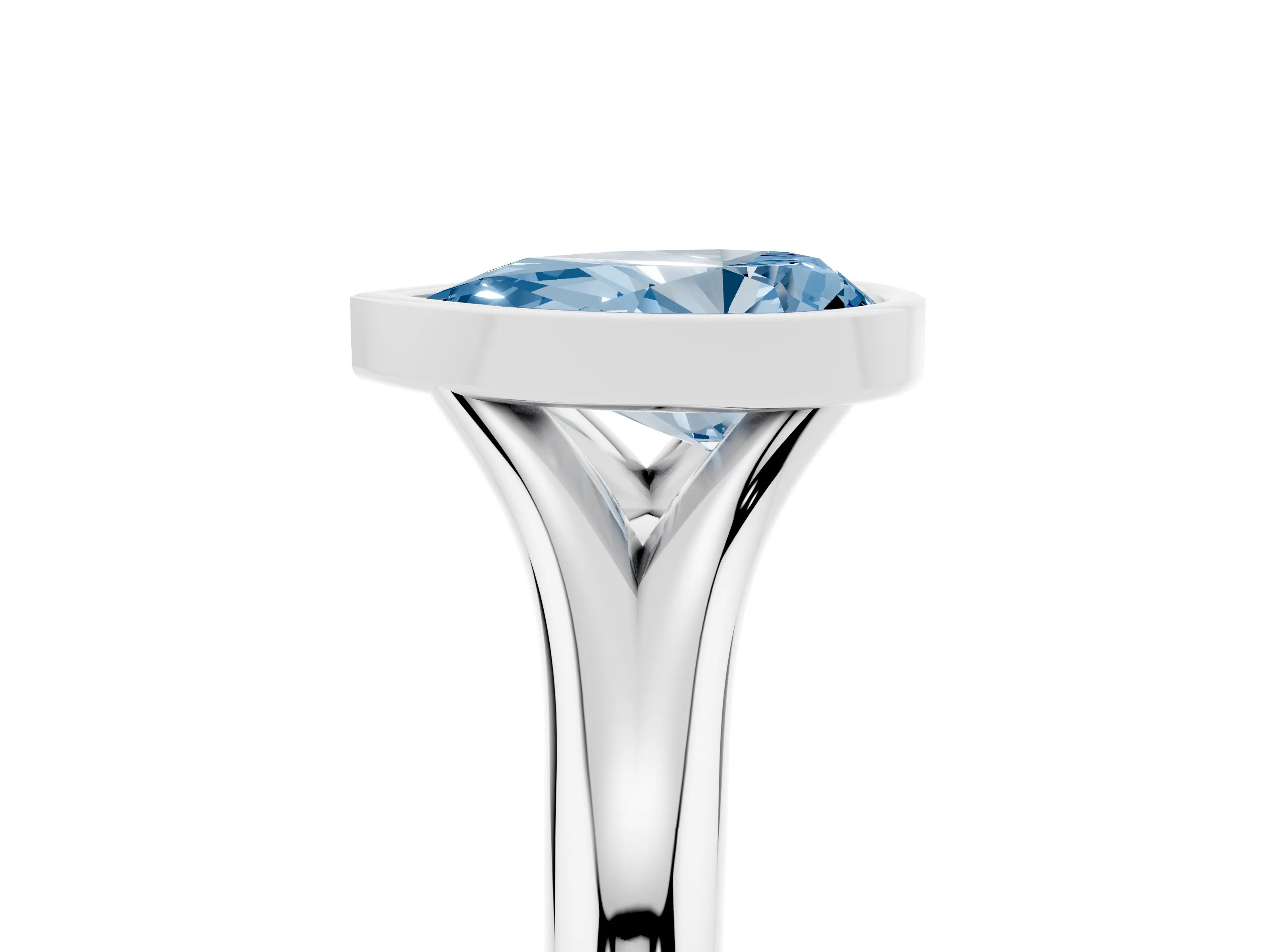 Fancy Blue Bezel Set Pear Cut Diamond Solitaire Ring Set in Platinum with Smooth Band