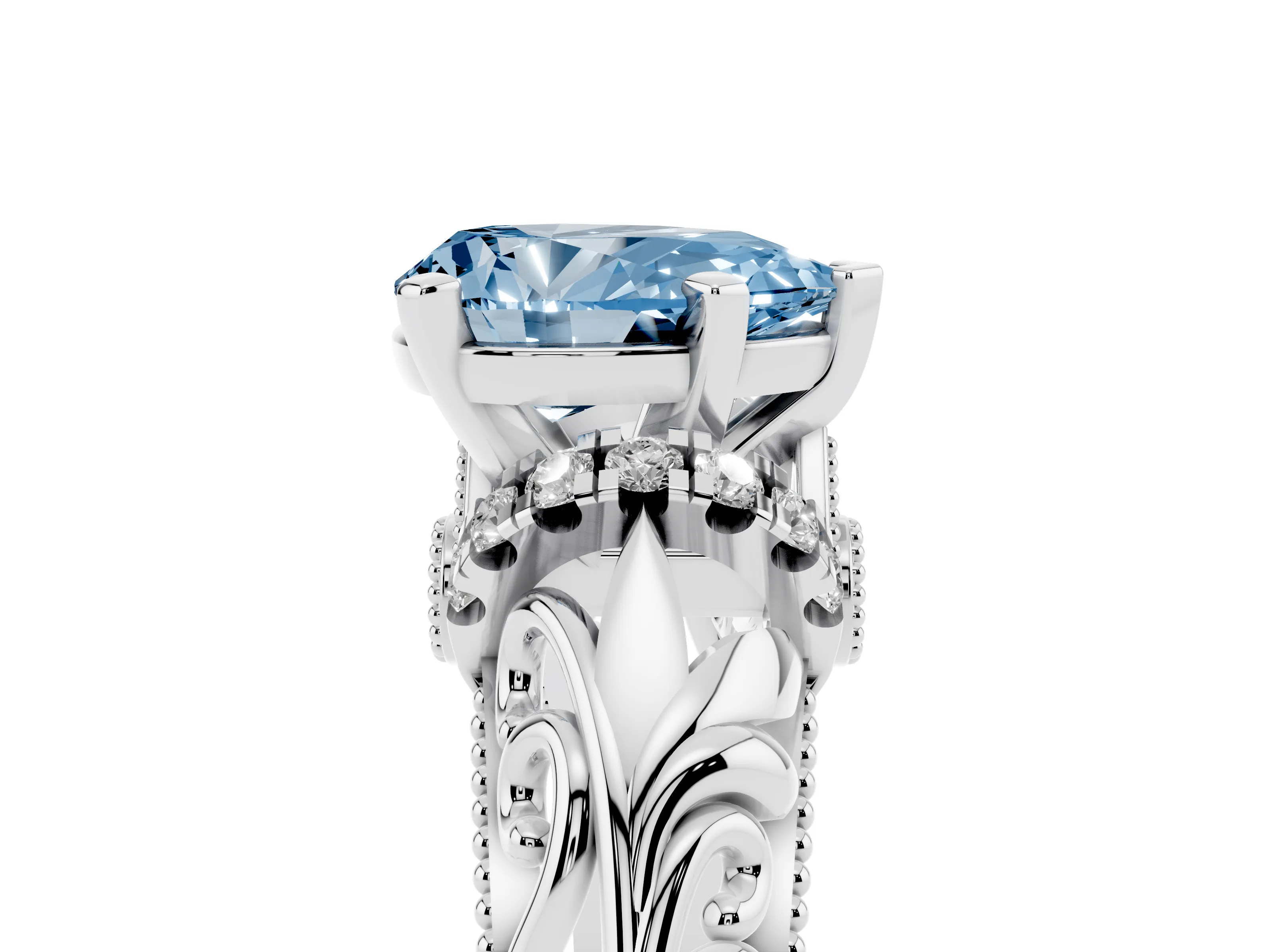 Fancy Blue Pear Cut Diamond Filigree Halo Engagement Ring Set in Silver with Prong Setting