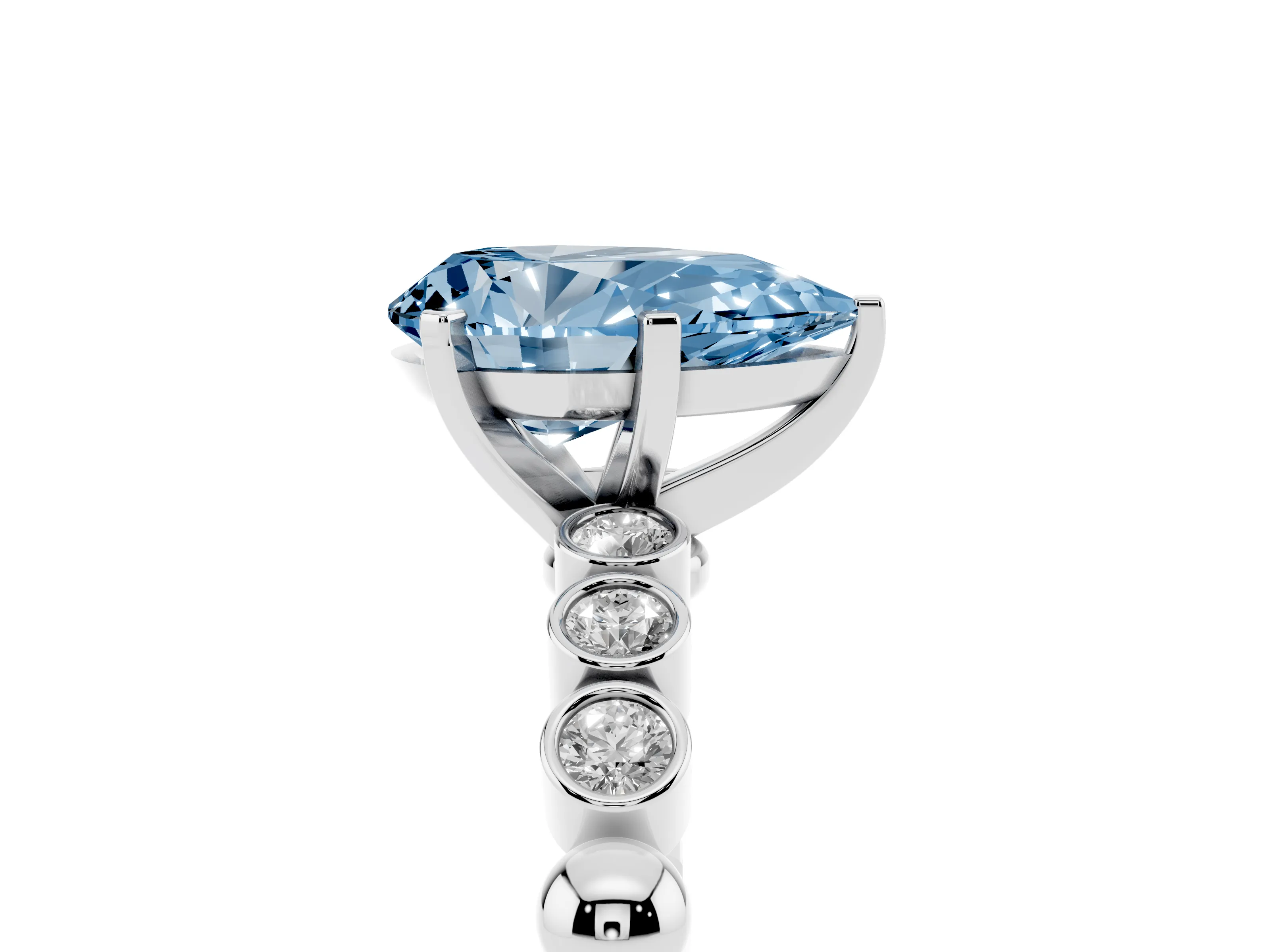 Fancy Blue Pear Cut Diamond Solitaire Engagement Ring Set in Silver with Bezel Accents on Beaded Band