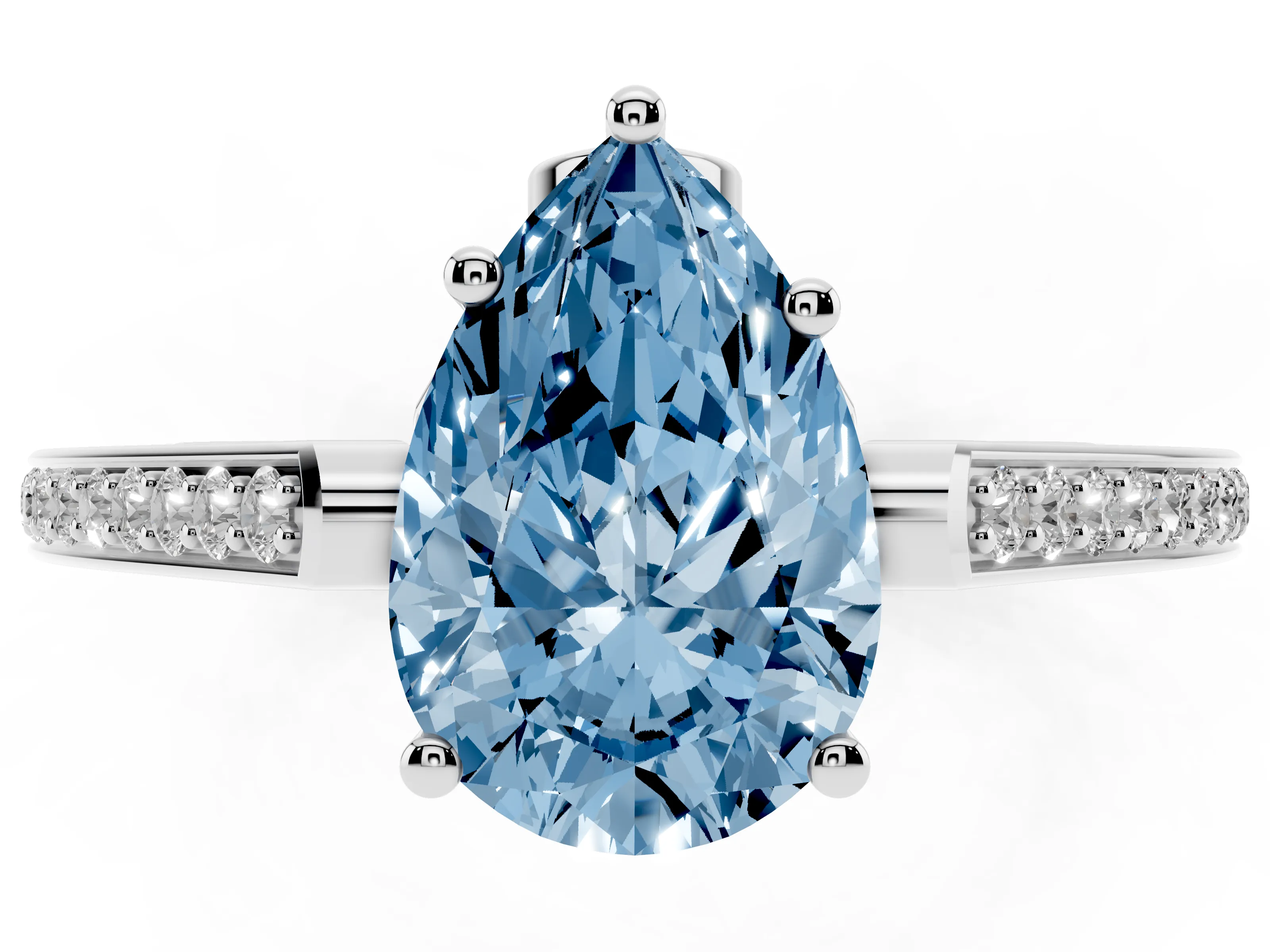 Fancy Blue Pear Cut Diamond Cathedral Pavé Engagement Ring Set in Platinum with Prong Setting