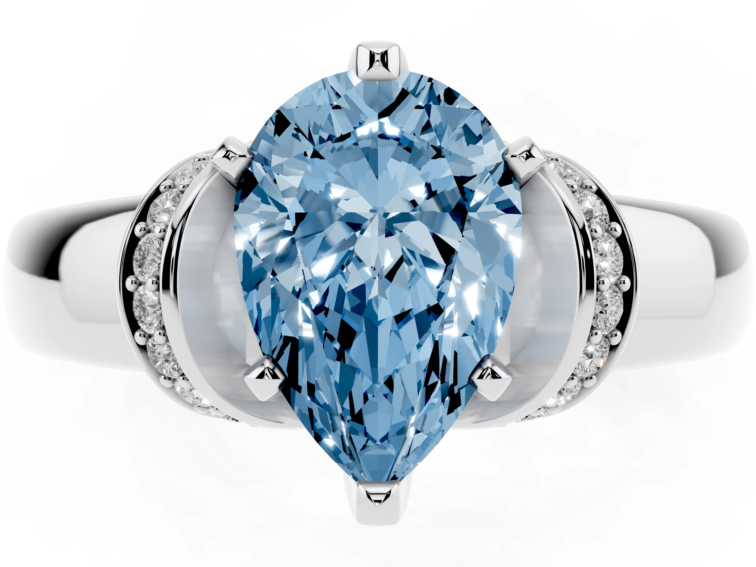 Fancy Blue Pear Cut Diamond Pavé Band Solitaire Ring Set in Platinum with Prong Setting