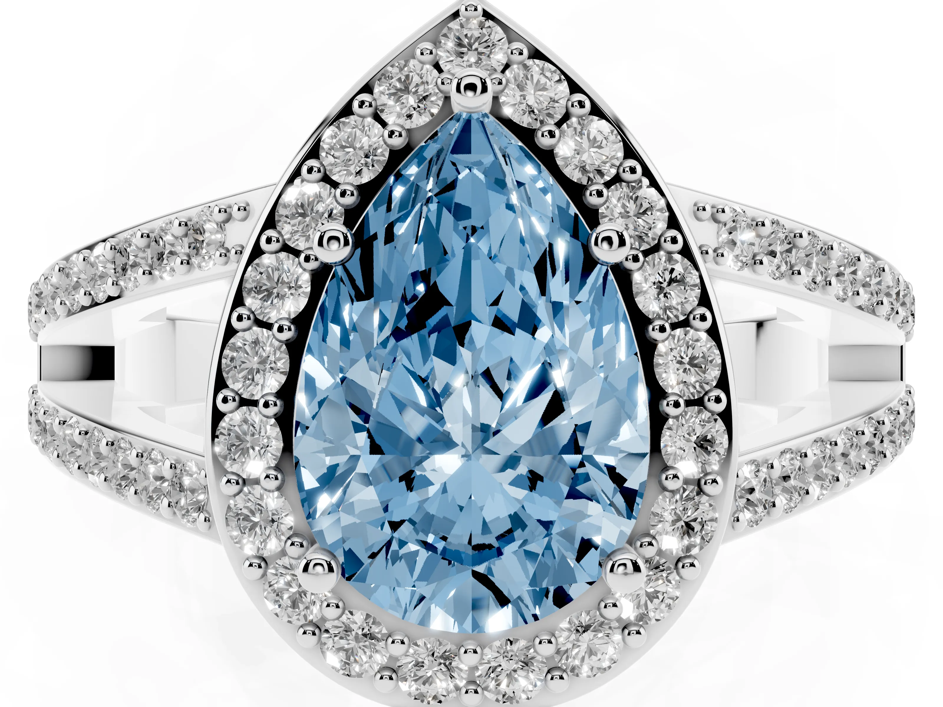 Fancy Blue Pear Cut Diamond Halo Ring Set in White gold with U-Prong Split Shank and Prong Setting