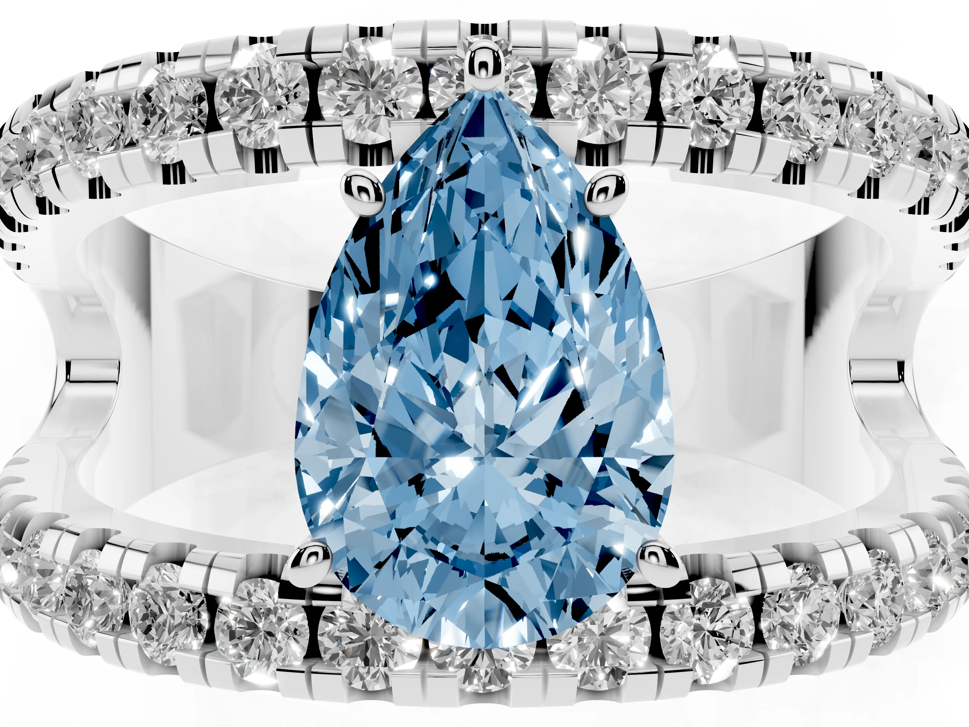 Fancy Blue Pear Cut Diamond Split Shank Pavé Solitaire Ring Set in Silver with Open Shank Design