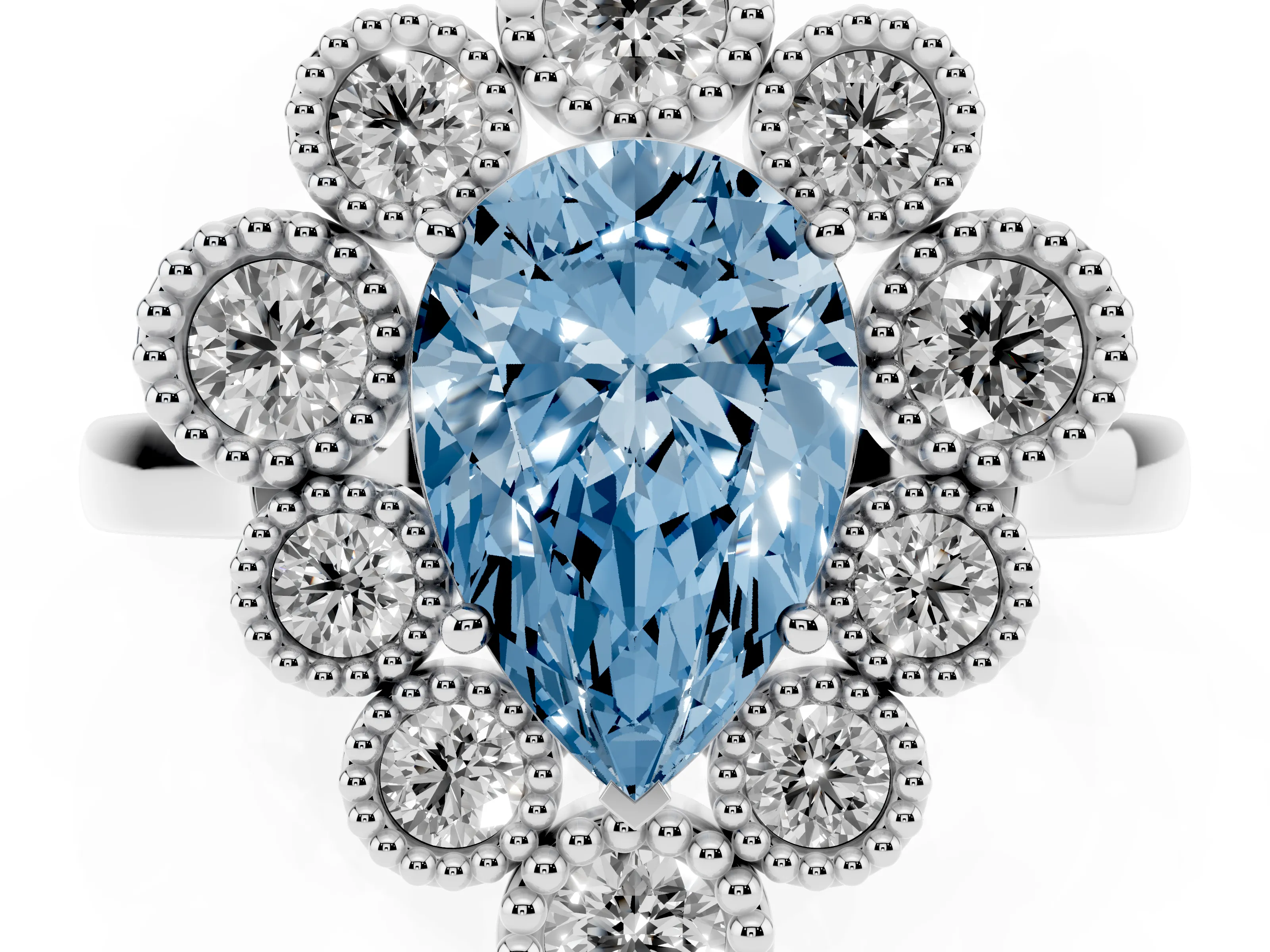 Fancy Blue Pear Cut Diamond Cluster Halo Ring Set in White gold with Milgrain Bezel Accents and Plain Band