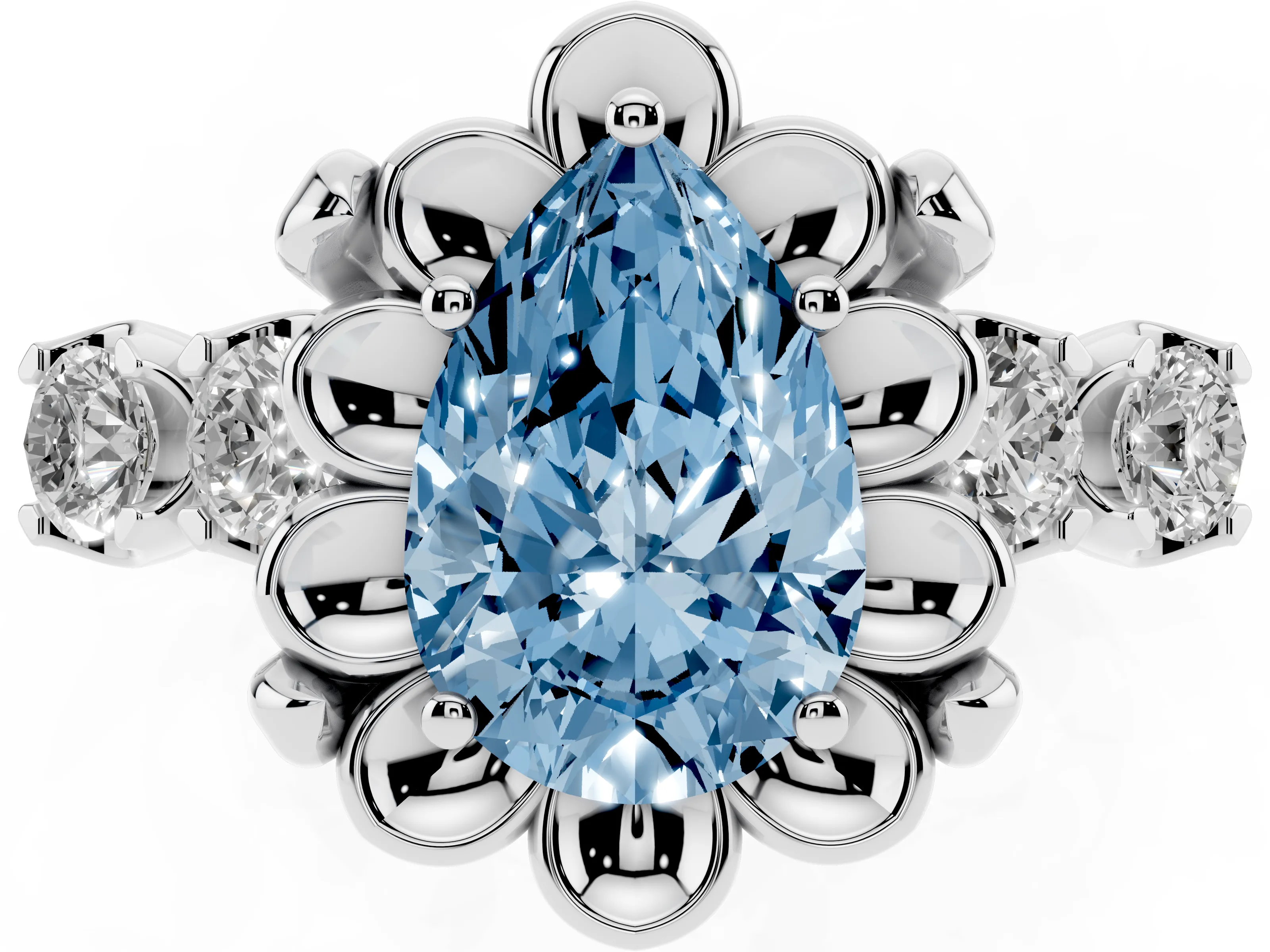 Fancy Blue Pear Cut Diamond Floral Halo Ring Set in Silver with Shared Prong Band