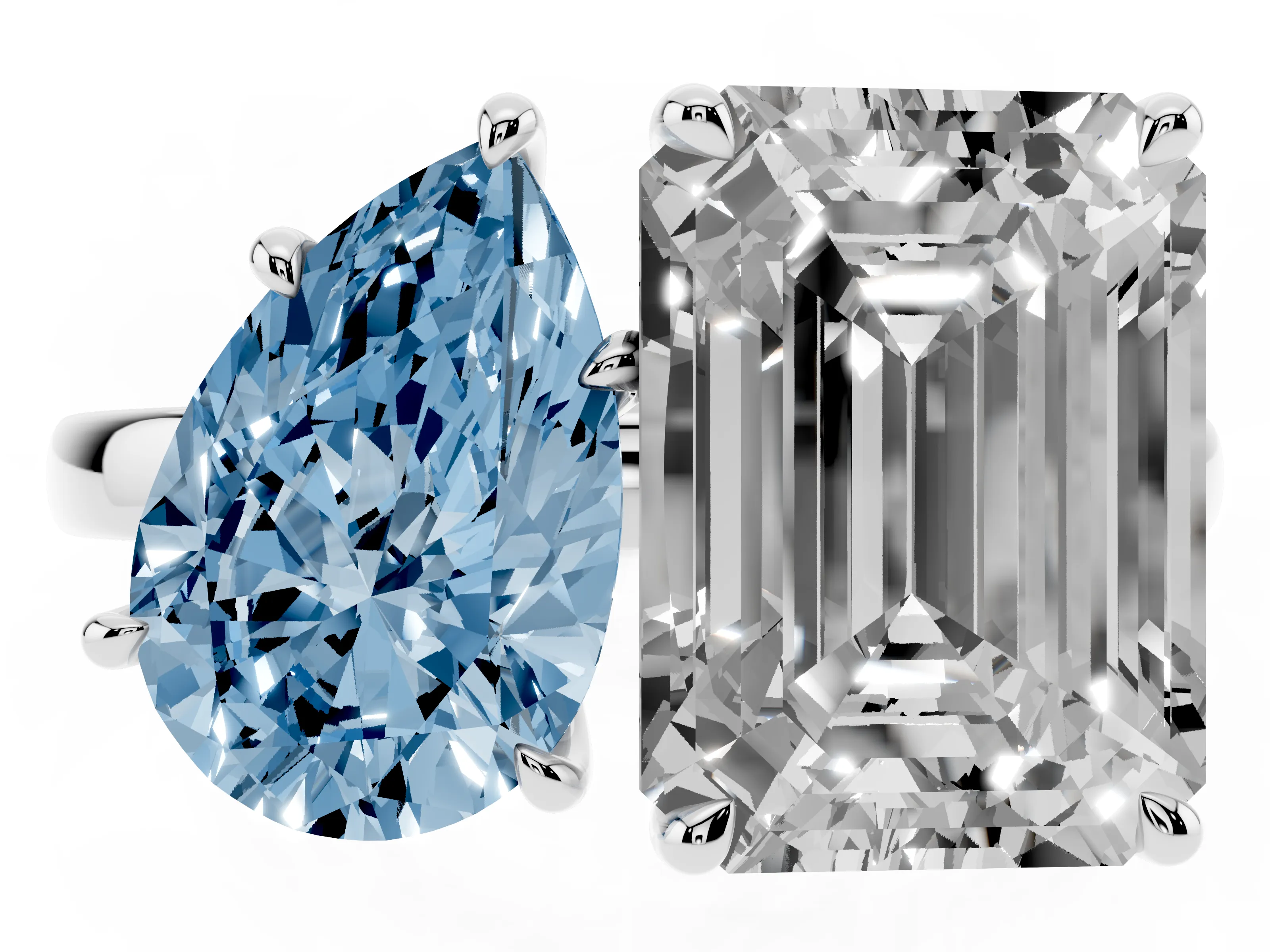 Fancy Blue Pear Cut and Emerald Cut Toi Moi Ring Set in White gold with Prong Setting