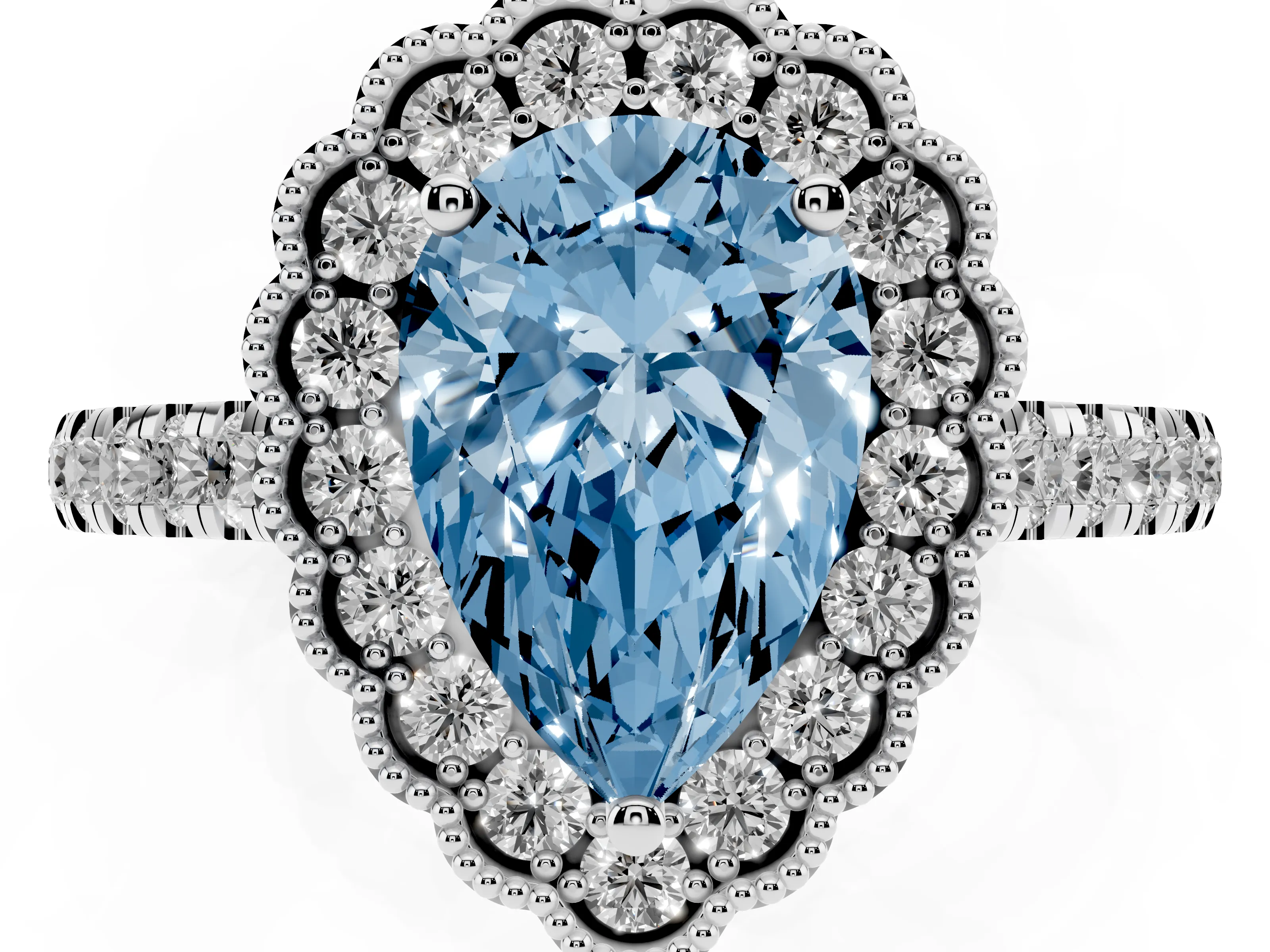 Fancy Blue Pear Cut Diamond Milgrain Floral Halo Engagement Ring Set in Platinum with Pavé Band