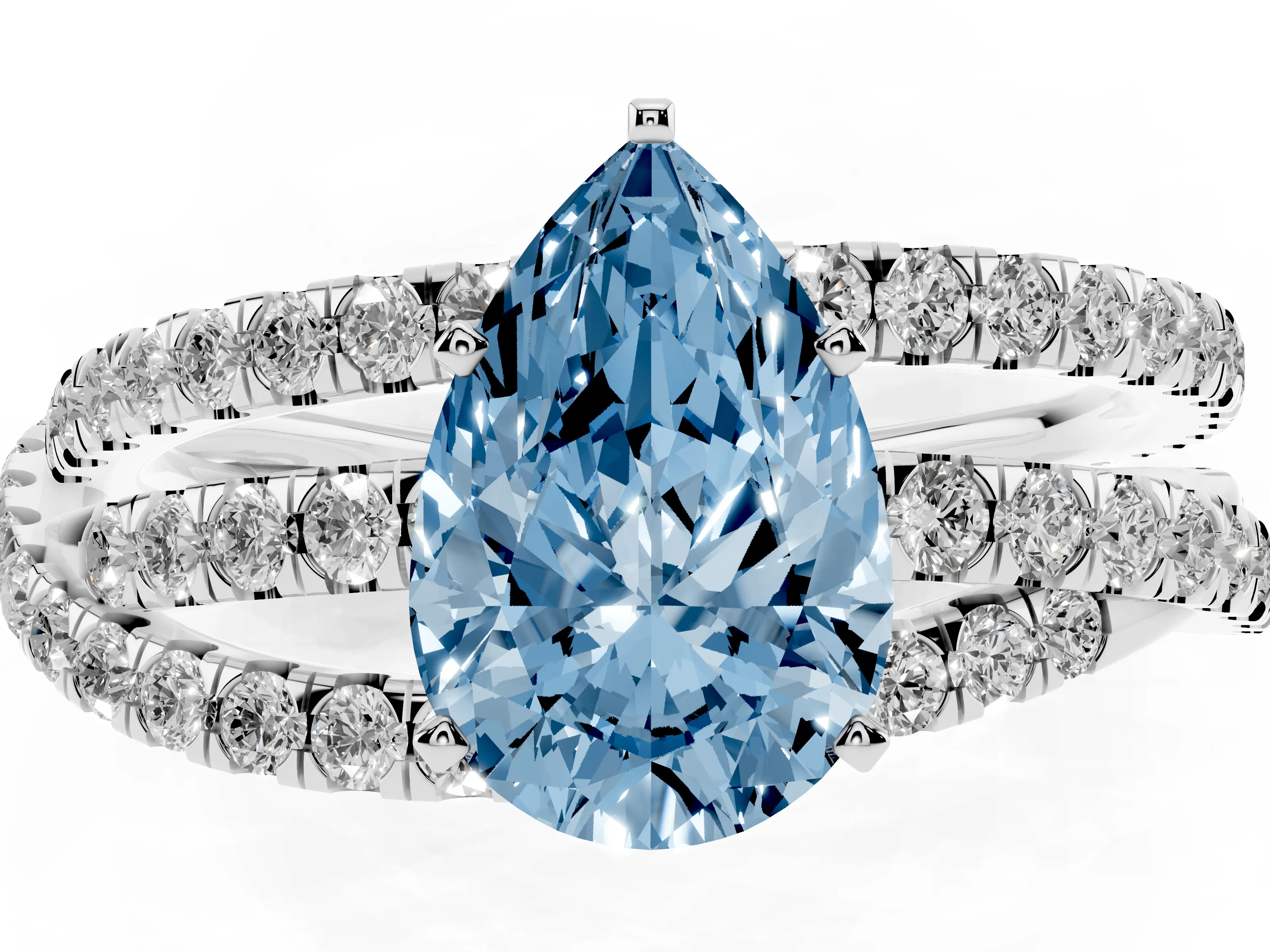 Fancy Blue Pear Cut Diamond Solitaire Twist Band Ring Set in Platinum with Pavé Setting and Prong Head
