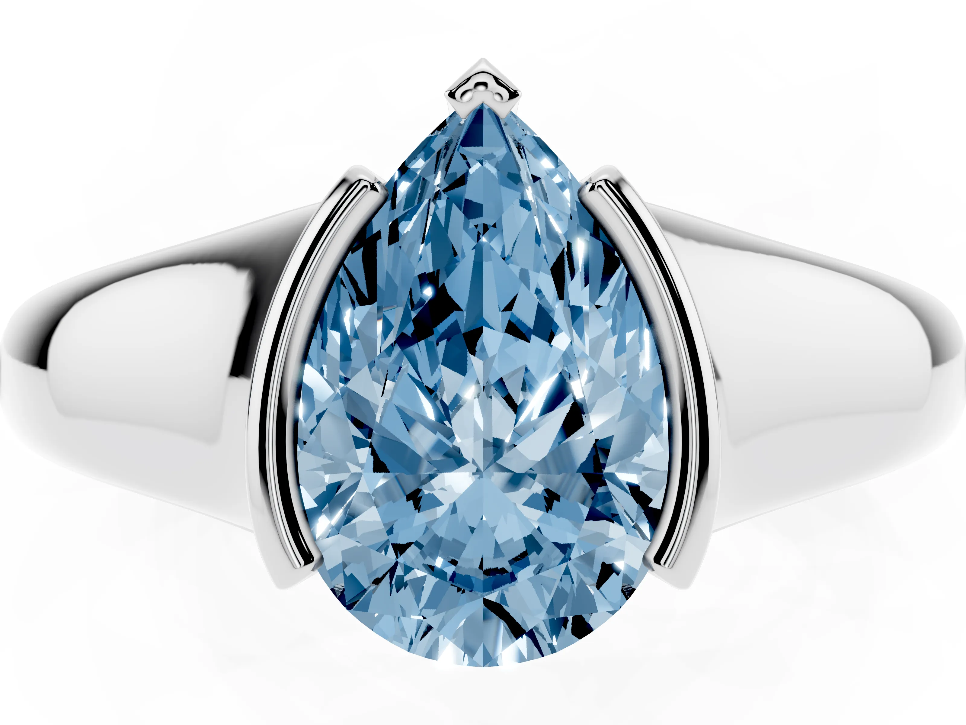 Fancy Blue Pear Cut Diamond Solitaire Tension Set Ring Set in White gold with Split Shank Band