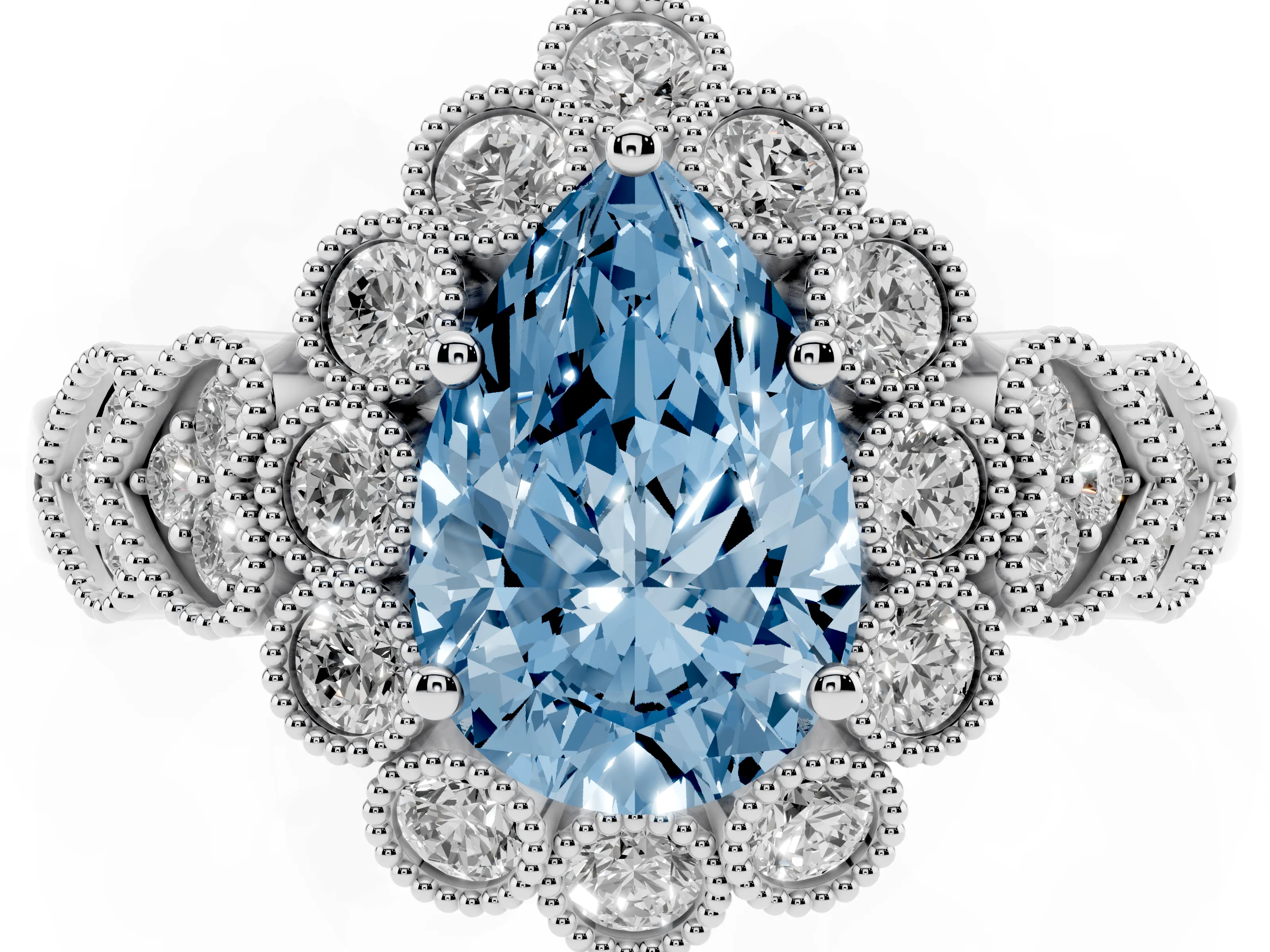 Fancy Blue Pear Cut Diamond Solitaire Ring Set in Platinum with Milgrain Pavé Heart Band