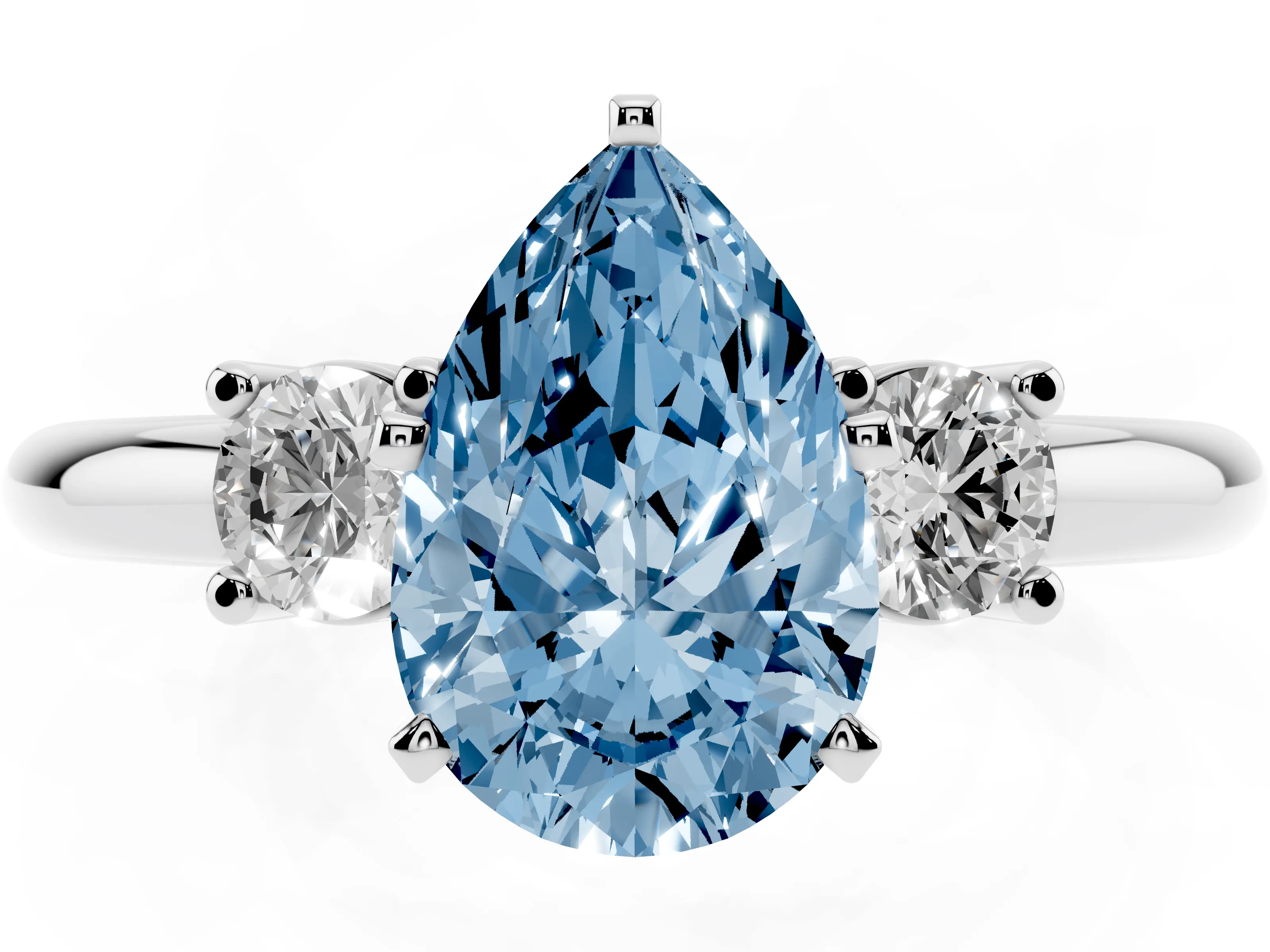 Fancy Blue Three-Stone Pear Cut Diamond Ring Set in Platinum with Prong Setting and Plain Band