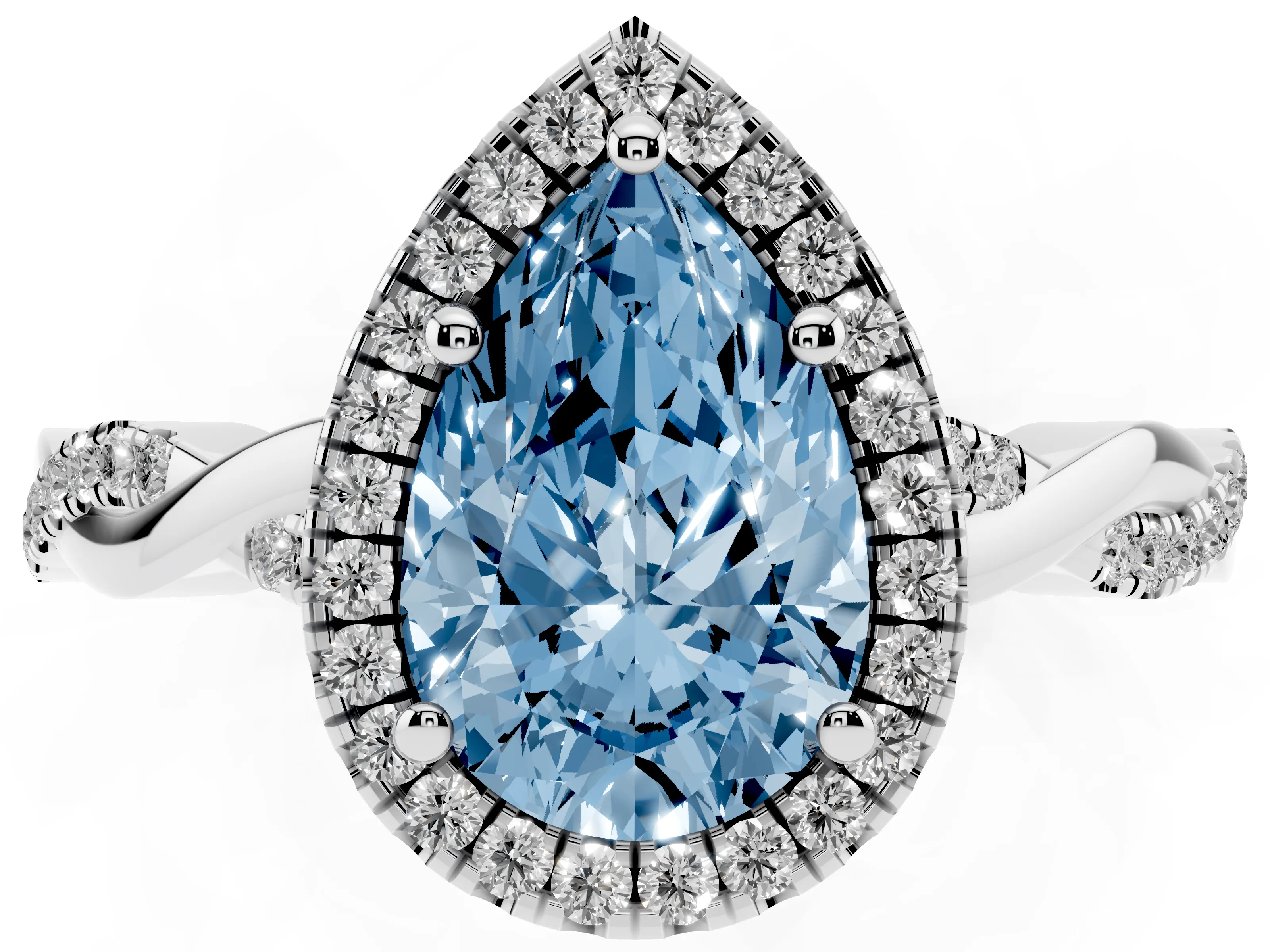 Fancy Blue Pear Cut Diamond Halo Twisted Band Ring Set in Platinum with Prong Setting