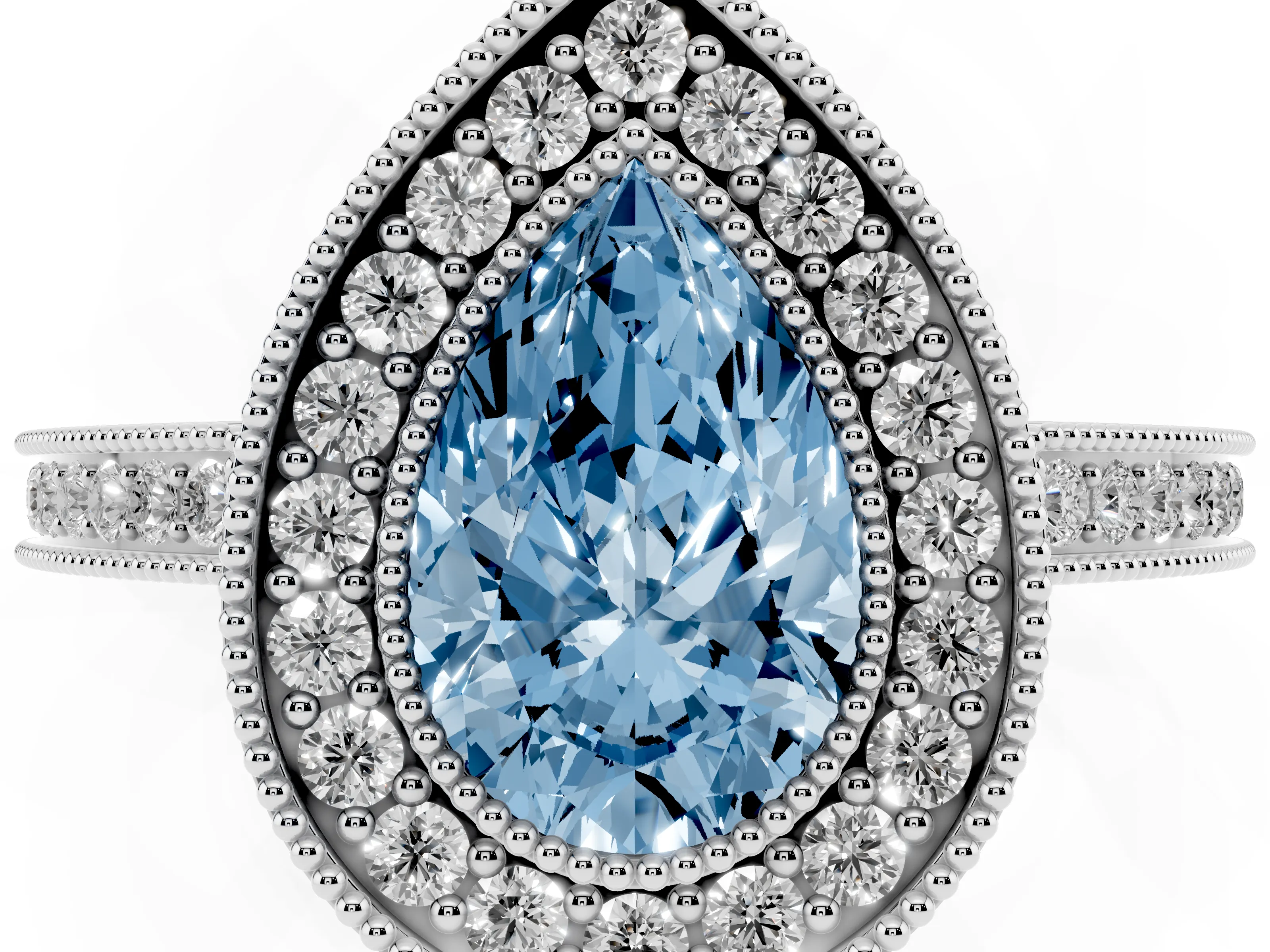 Fancy Blue Pear Cut Diamond Halo Ring Set in Platinum with Pavé Band and Milgrain-Edged Prongs