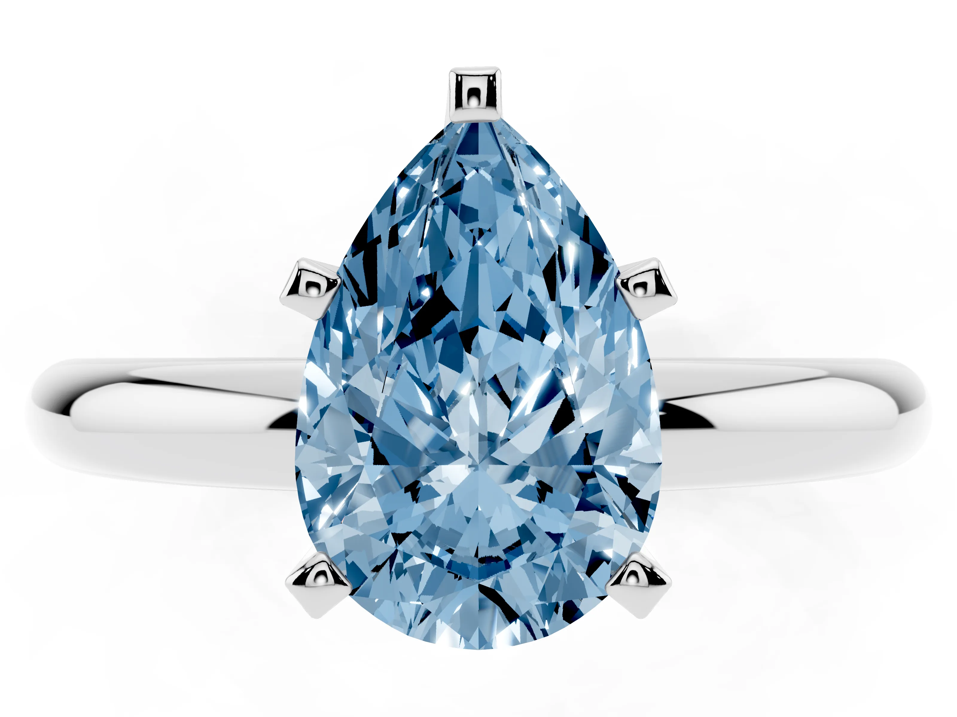 Fancy Blue Pear Cut Diamond Solitaire Engagement Ring Set in White gold with Round Band and Prong Setting