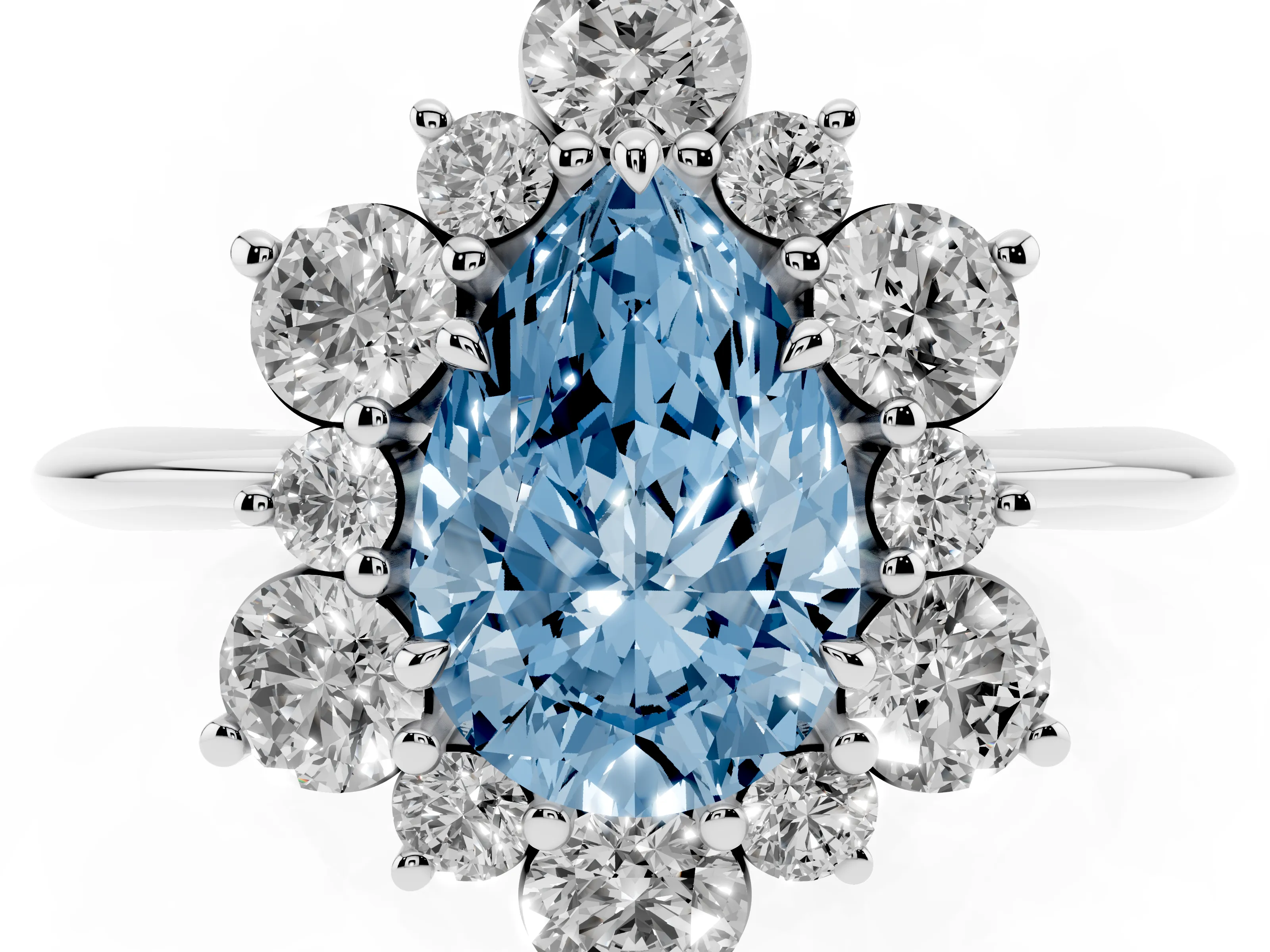 Fancy Blue Pear Cut Diamond Cluster Halo Ring Set in White gold with Solitaire Band and Prong Setting