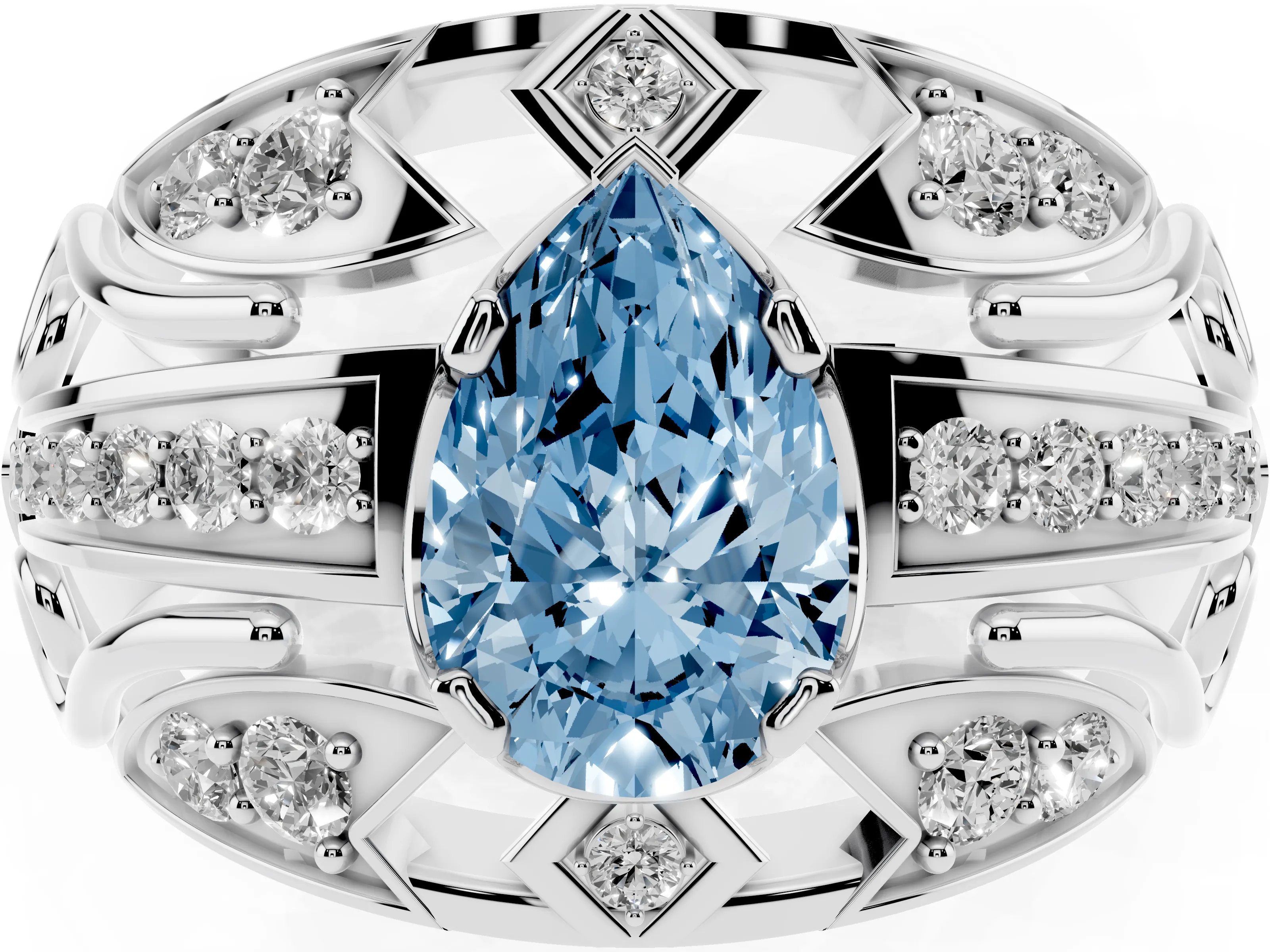 Fancy Blue Pear Cut Diamond Art Deco Ring Set in Platinum with Pavé Split Shank