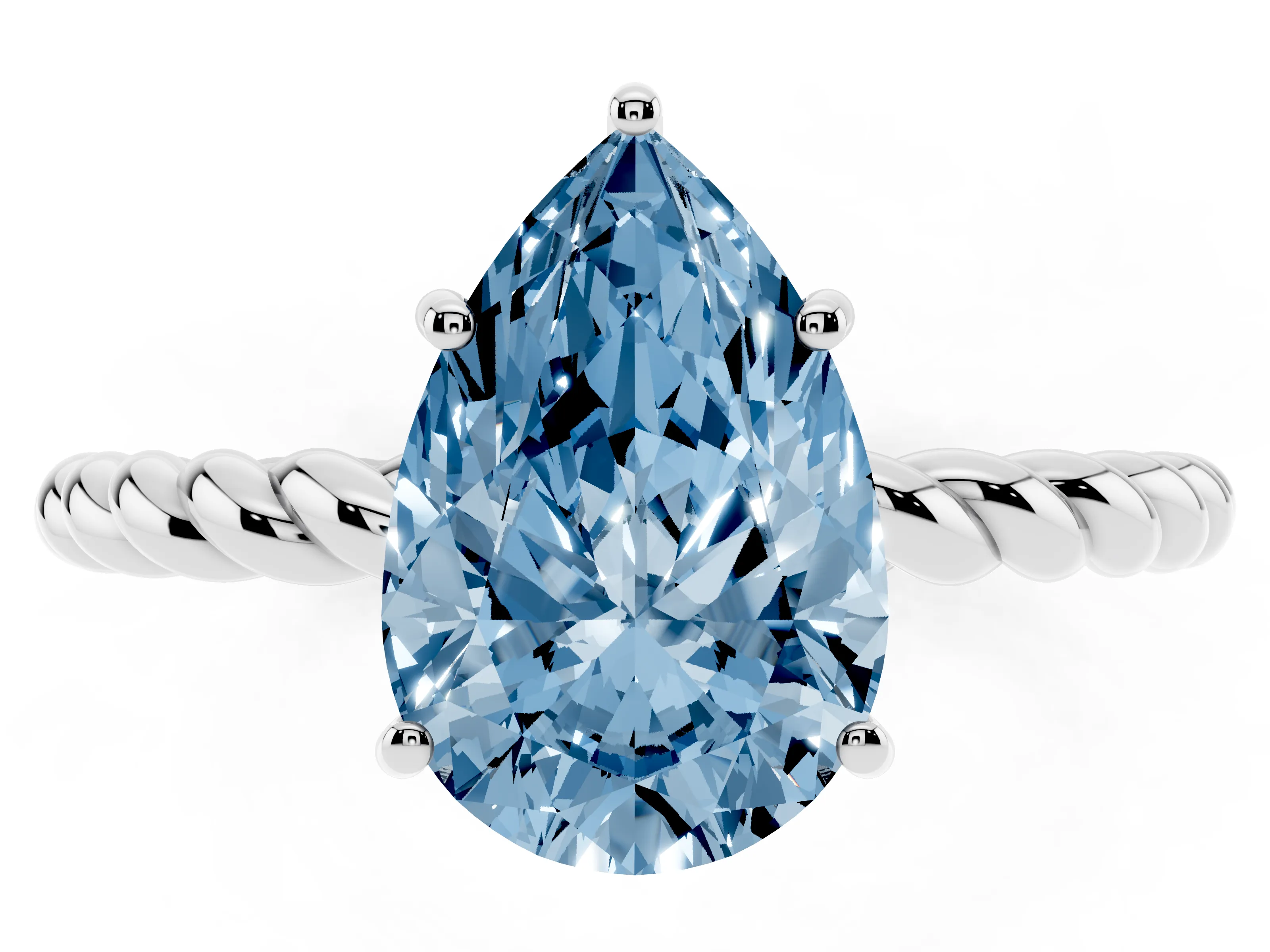 Fancy Blue Pear Cut Diamond Solitaire Ring Set in White gold with Twist Band and Prong Setting