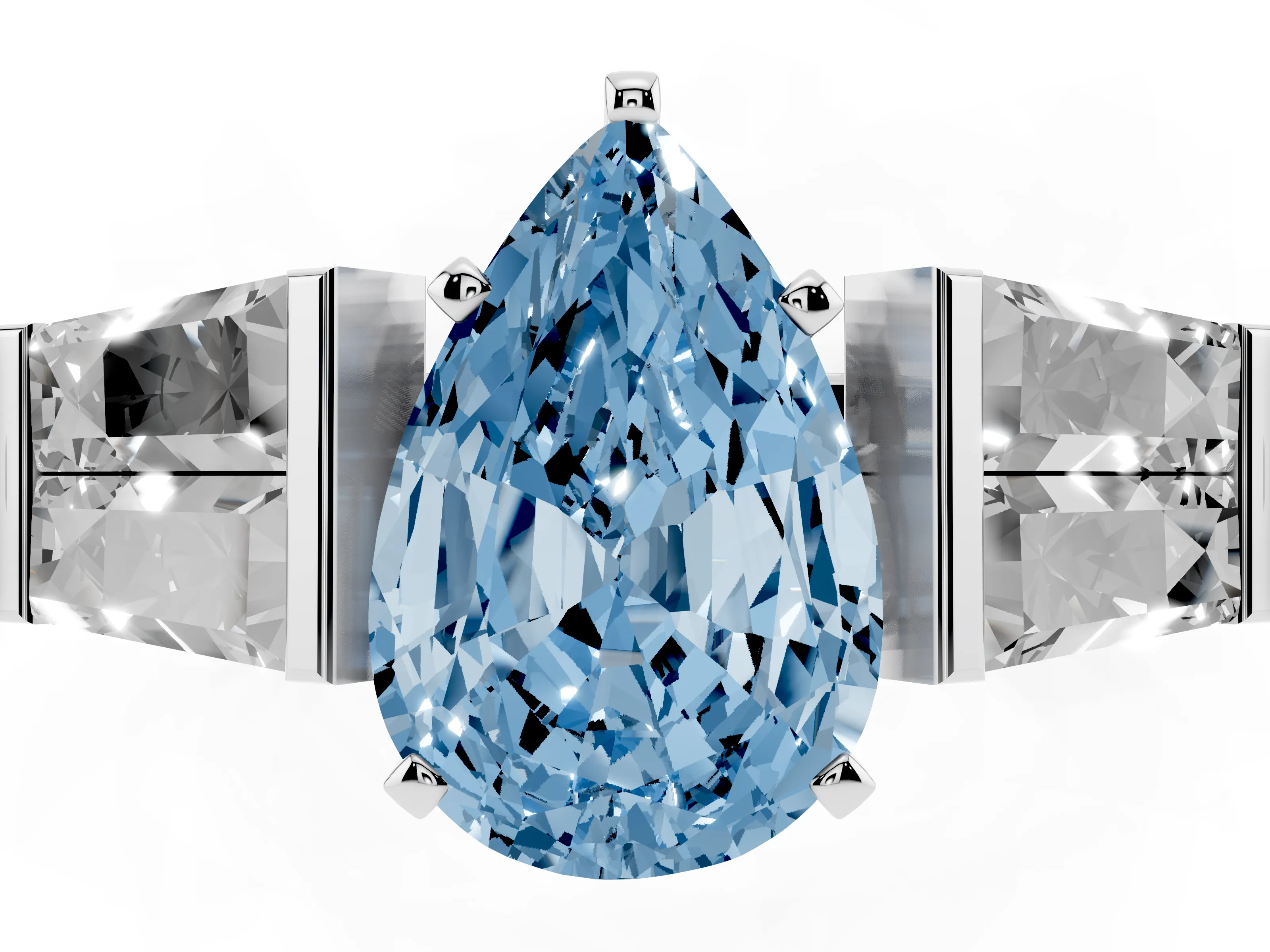 Fancy Blue Pear Cut Diamond Engagement Ring Set in White gold with Baguette Side Stones and Channel Set Band