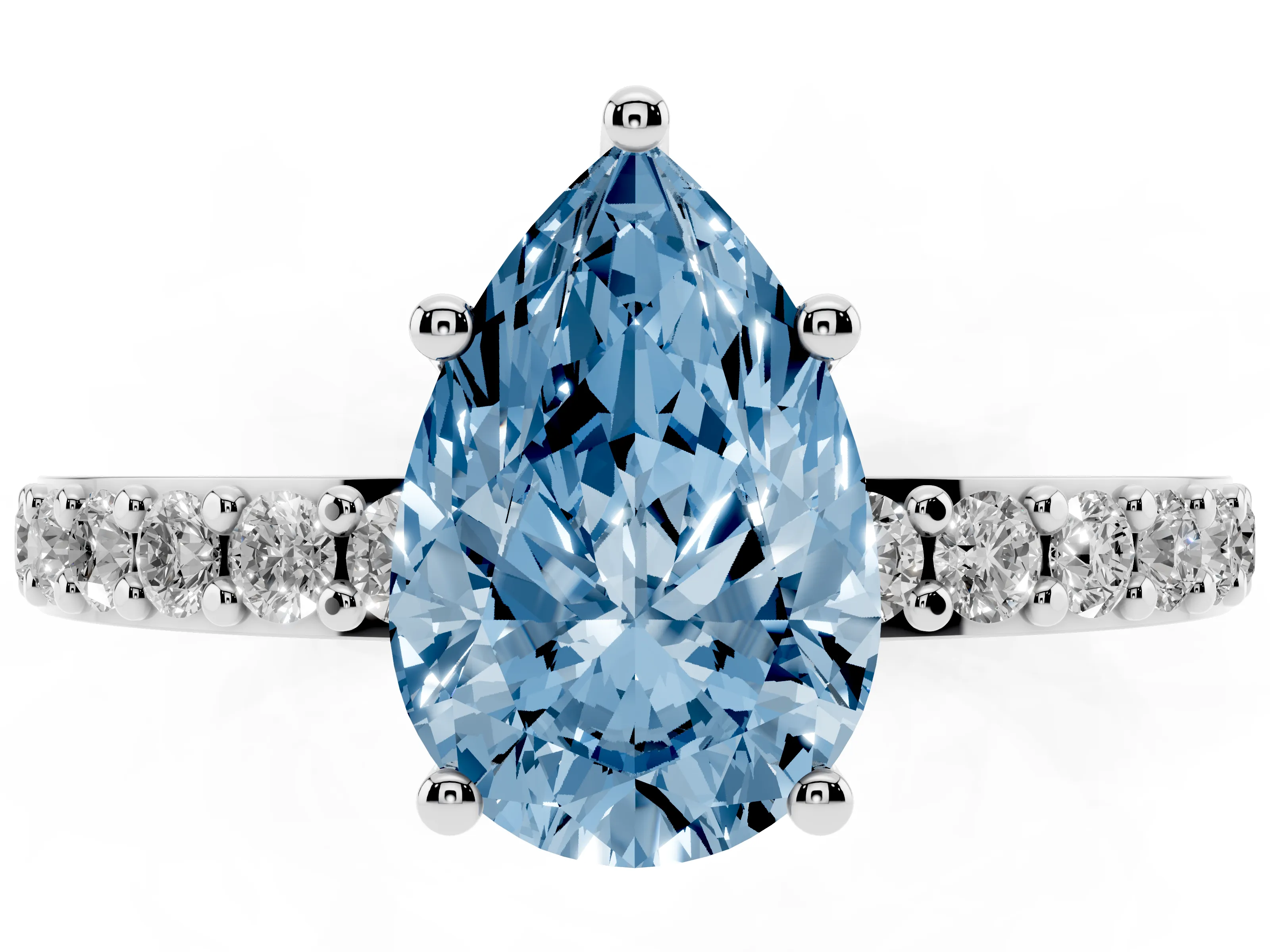 Fancy Blue Pear Cut Diamond Solitaire Set in White gold with Round Pavé Band and Prong Setting